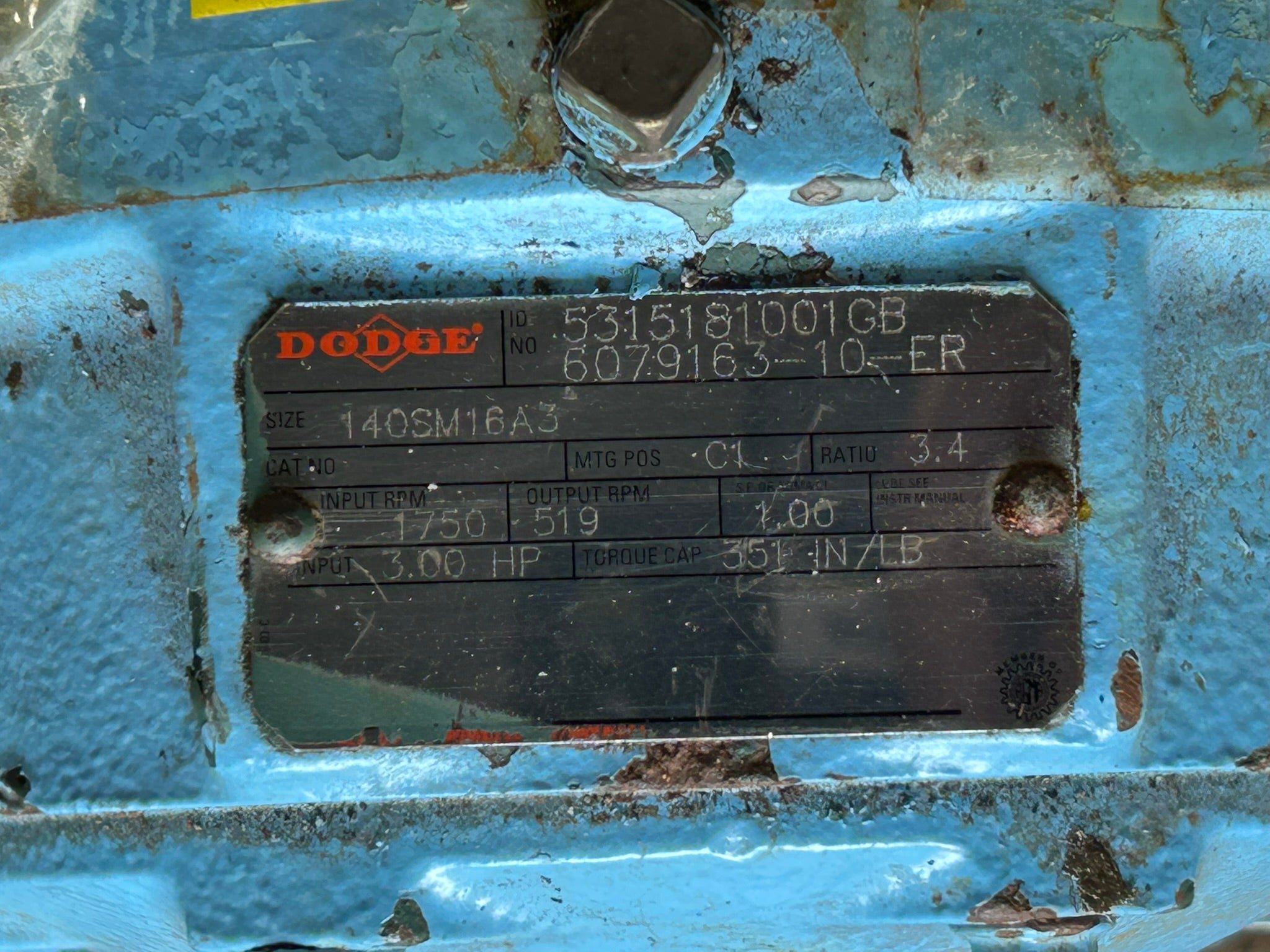 Dodge 140SM16A3 Gear Reducer 5315181001GB6079163-10-ER 3HP 351 in-lbs 3.4 Ratio
