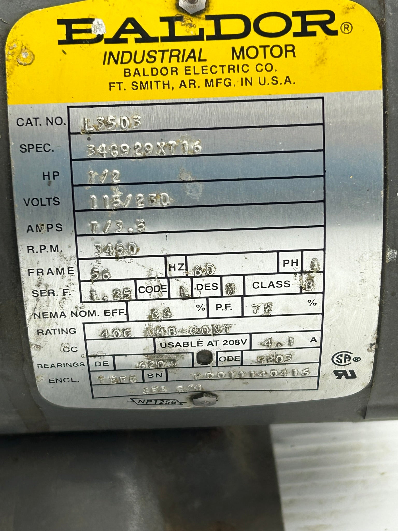 Baldor L3503 Industrial DC Motor 1/2 HP 115/230 Volts 7/3.5 Amps 3450 RPM 1PH