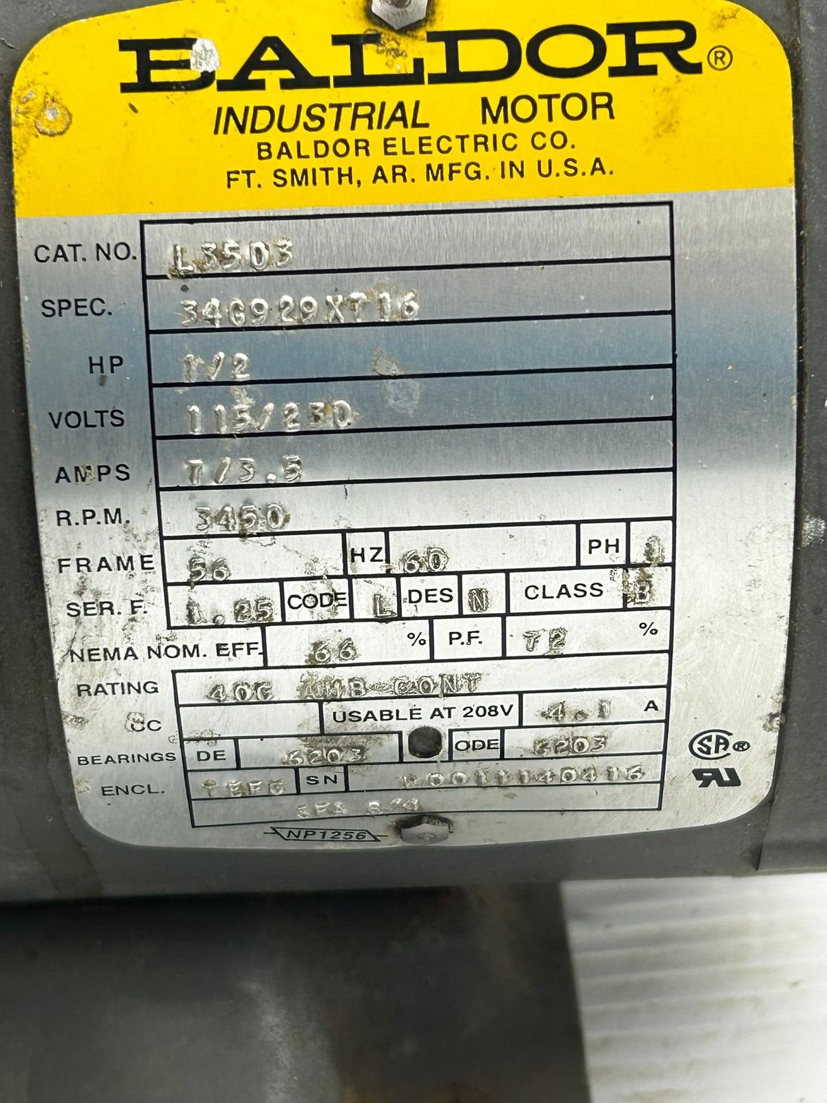 Baldor L3503 Industrial DC Motor 1/2 HP 115/230 Volts 7/3.5 Amps 3450 RPM 1PH