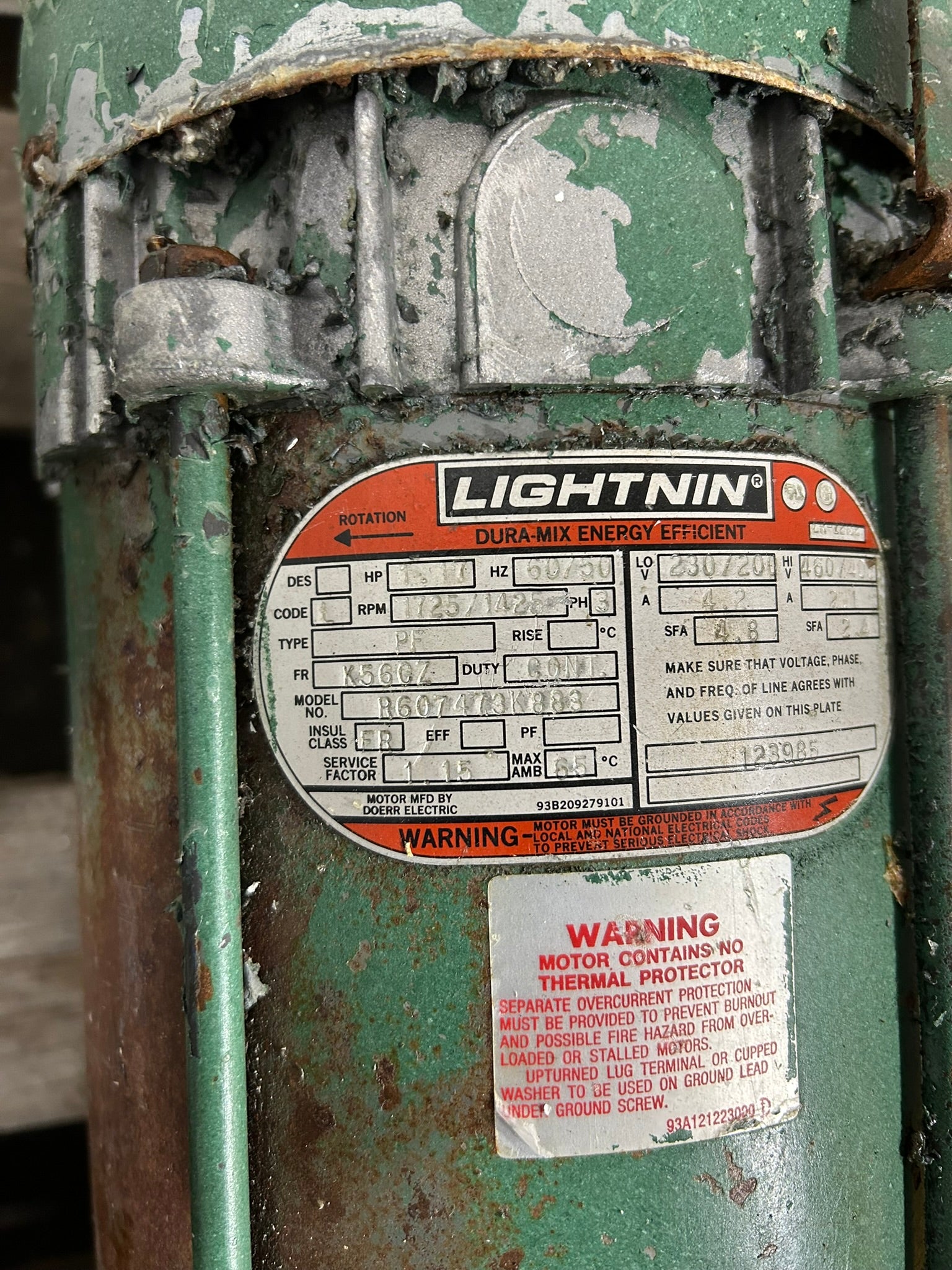 Lightnin R607473K883 Dura-Mix Energy Efficient Motor 1.17 HP 1725/1425RPM 3PH