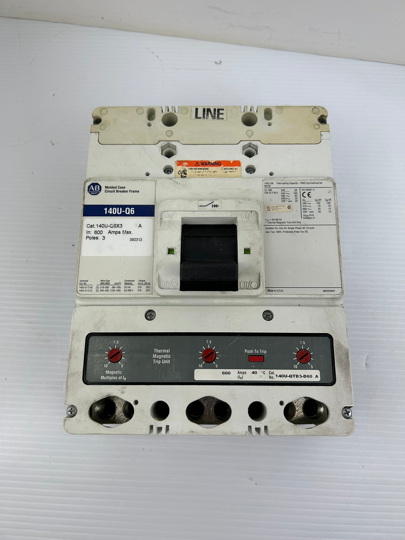 Allen Bradley 140U-Q6X3 Circuit Breaker Series A 3 Pole 600 Amps Max 140U-Q6