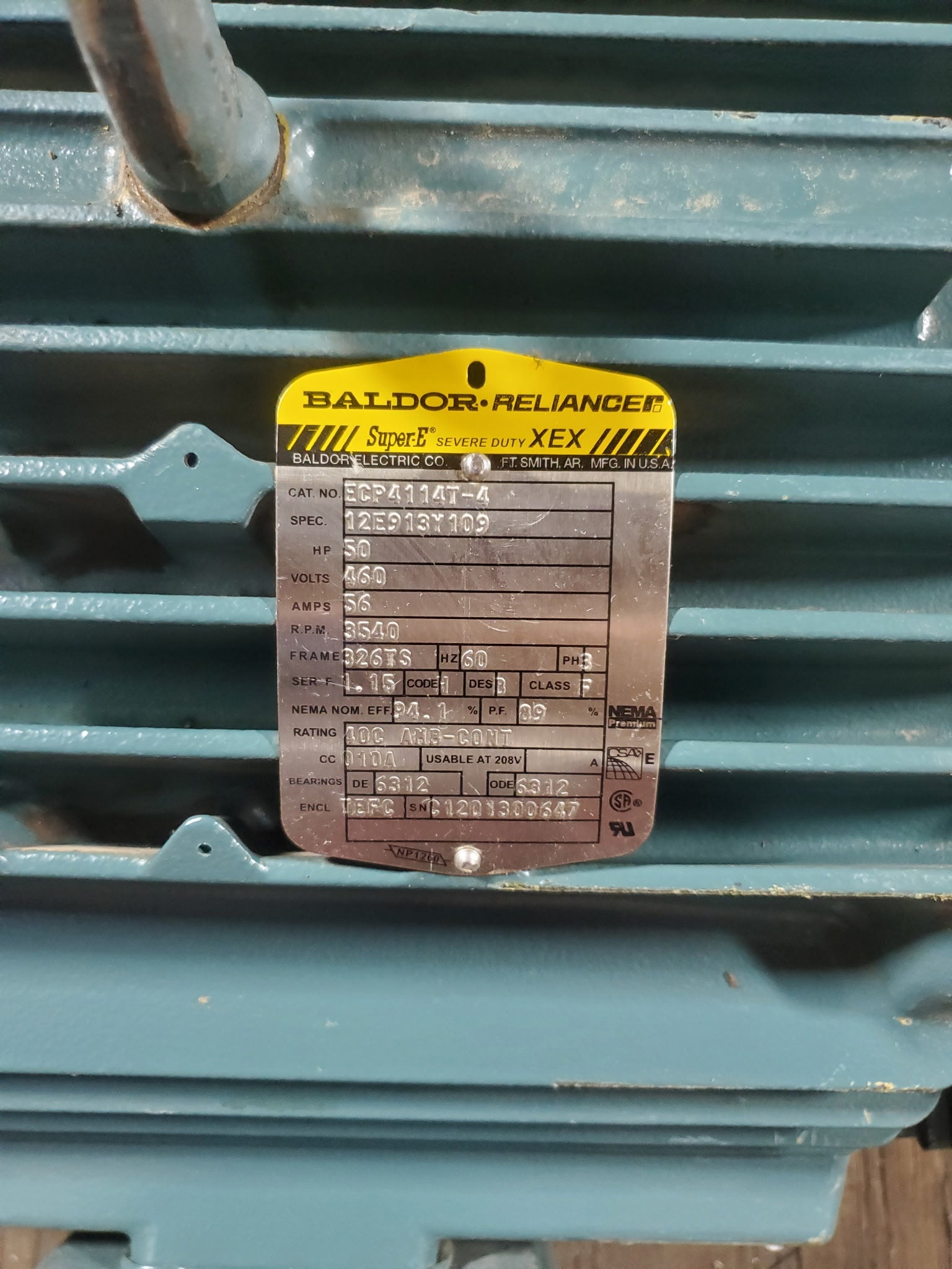 Baldor Reliance ECP4114T-4 Super-E Electric Motor XEX 50HP 460V 3PH 3540 RPM