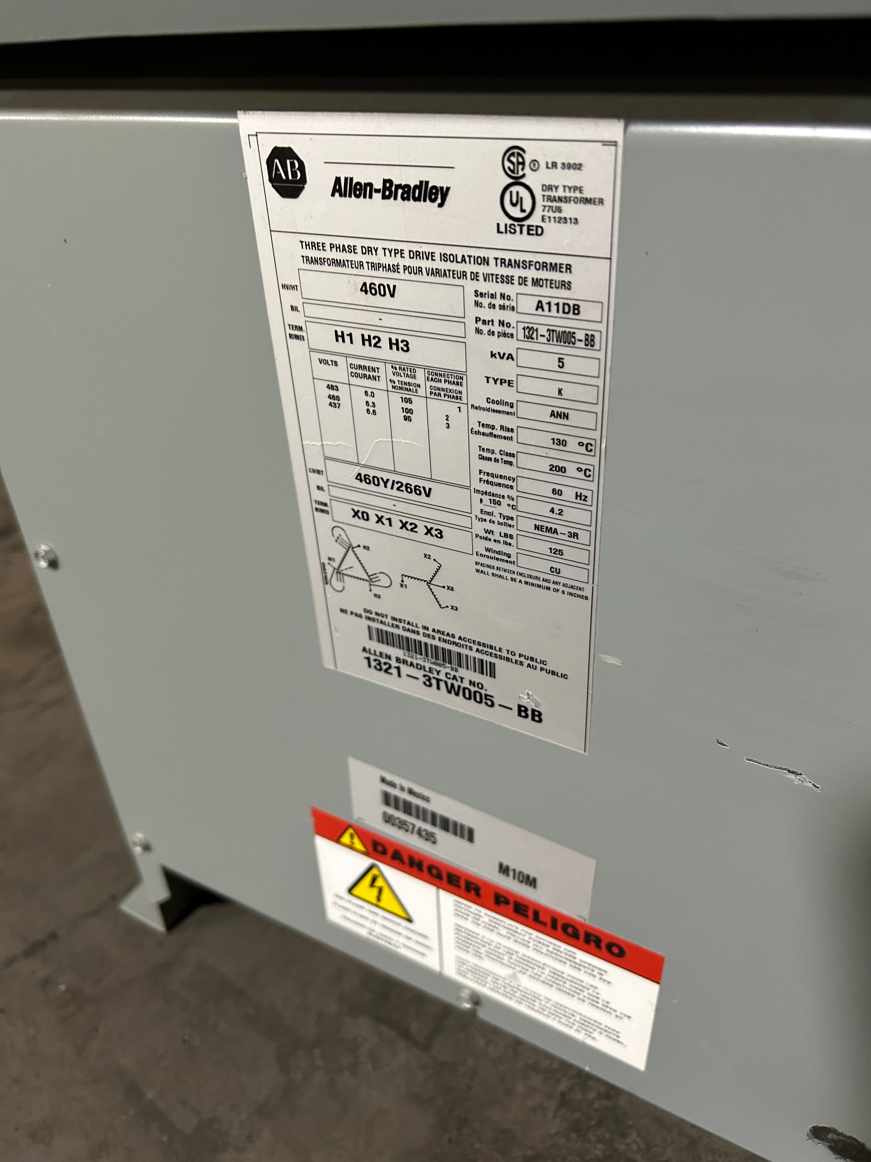 Allen-Bradley 1321-3TW005-BB Drive Isolation Transformer 5kVA 460V 3PH Dry Type