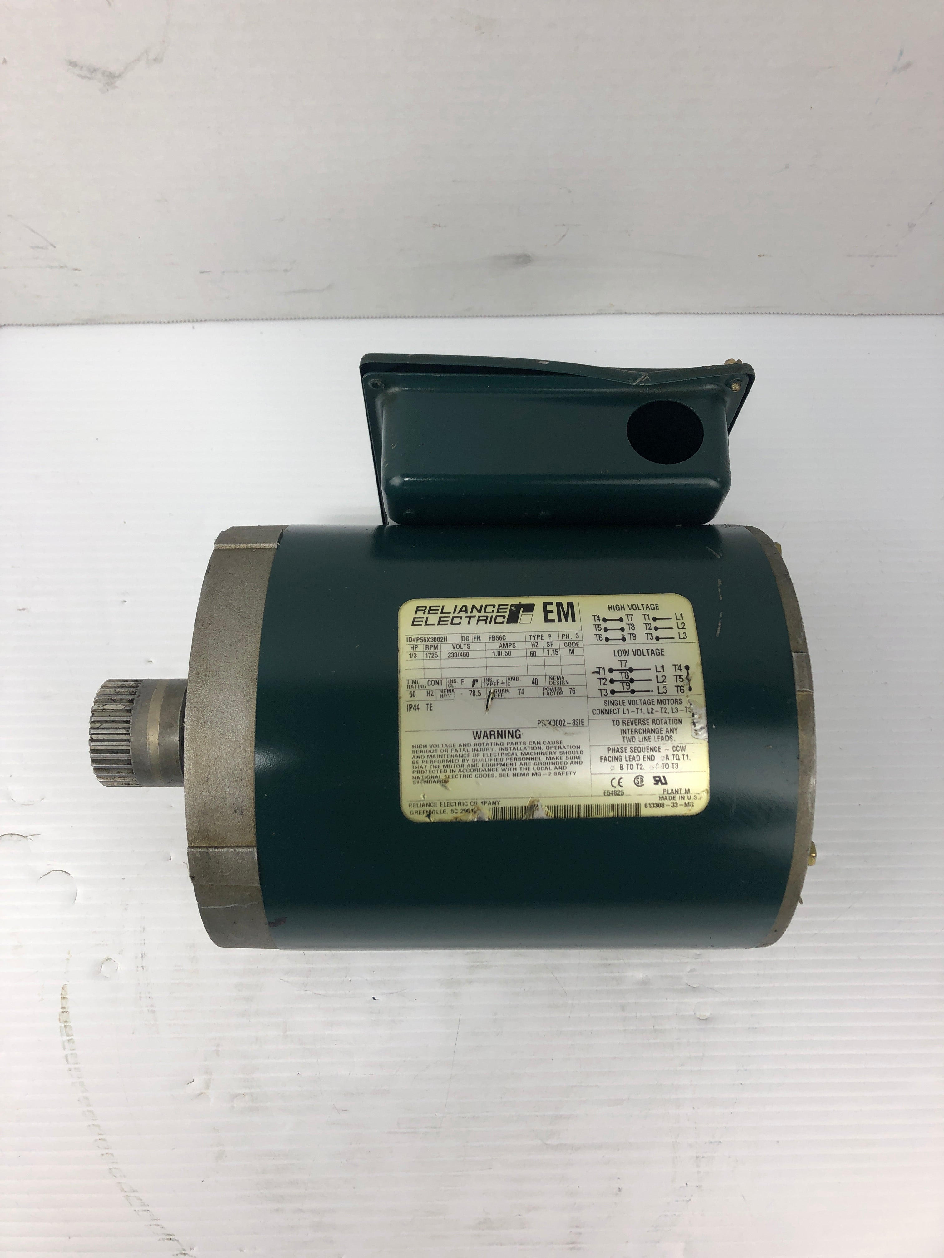 Reliance Electric P56X3002H Electric Motor 1/3 HP 1725 RPM 3PH FB56C Frame