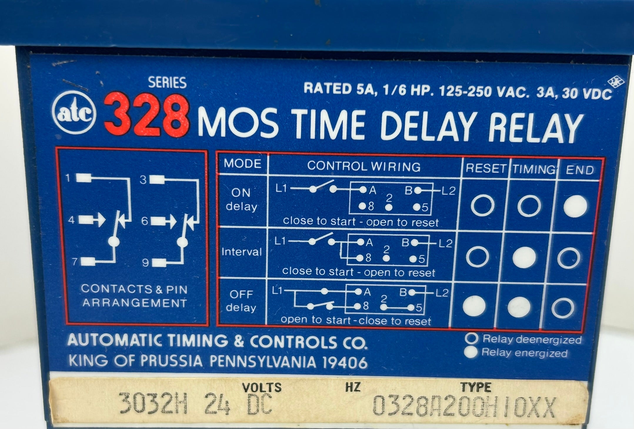 ATC 328 MOS Time Delay Relay 0328A200H10XX 1 Sec. 10Hr. 125-250VAC 24VDC