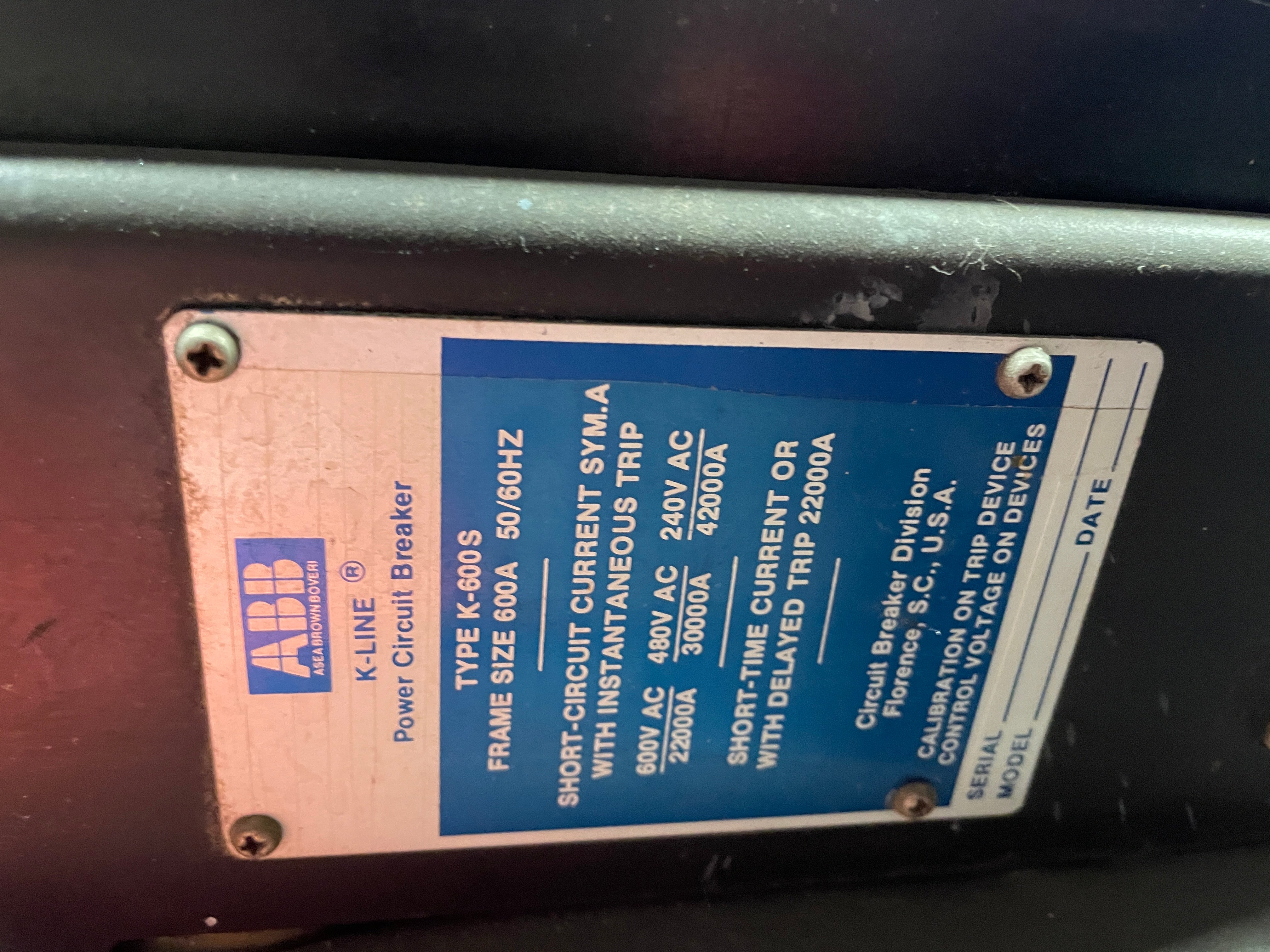 ABB K-600S K-Line Power Circuit Breaker 600 Amp Asea Brown Solid State Trip