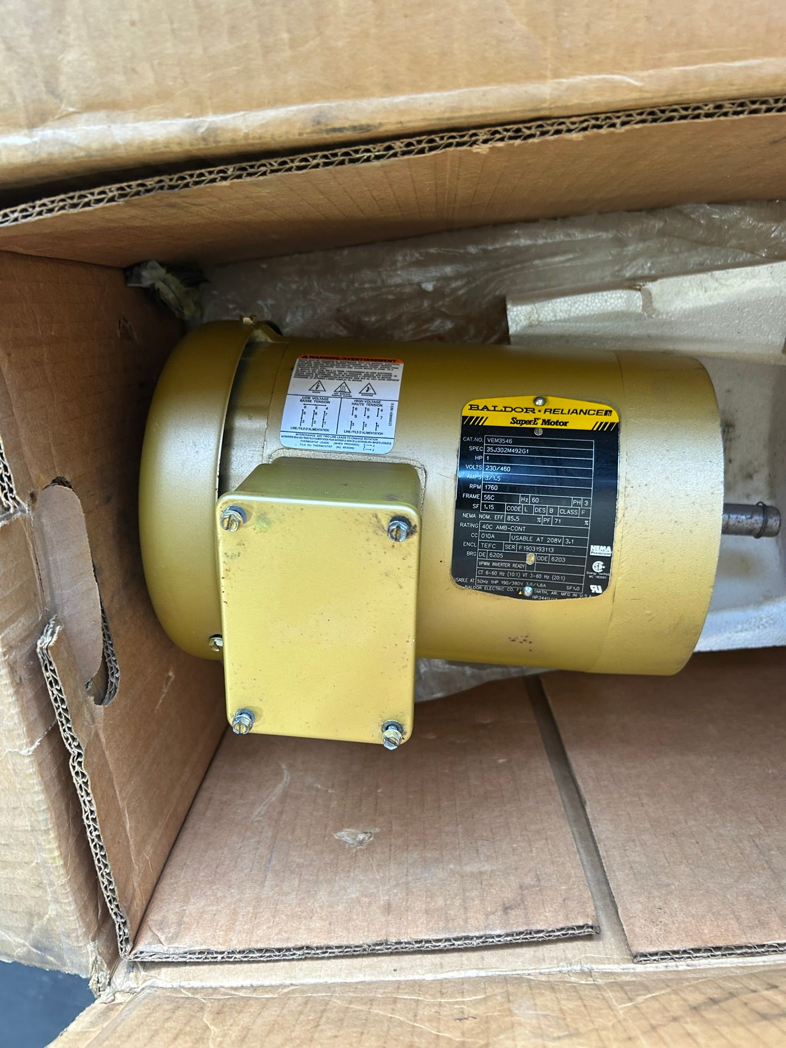 Baldor Reliance VEM3546 Electric Motor 1 HP 1760 RPM 230/460V 3 Phase 56C TEFC