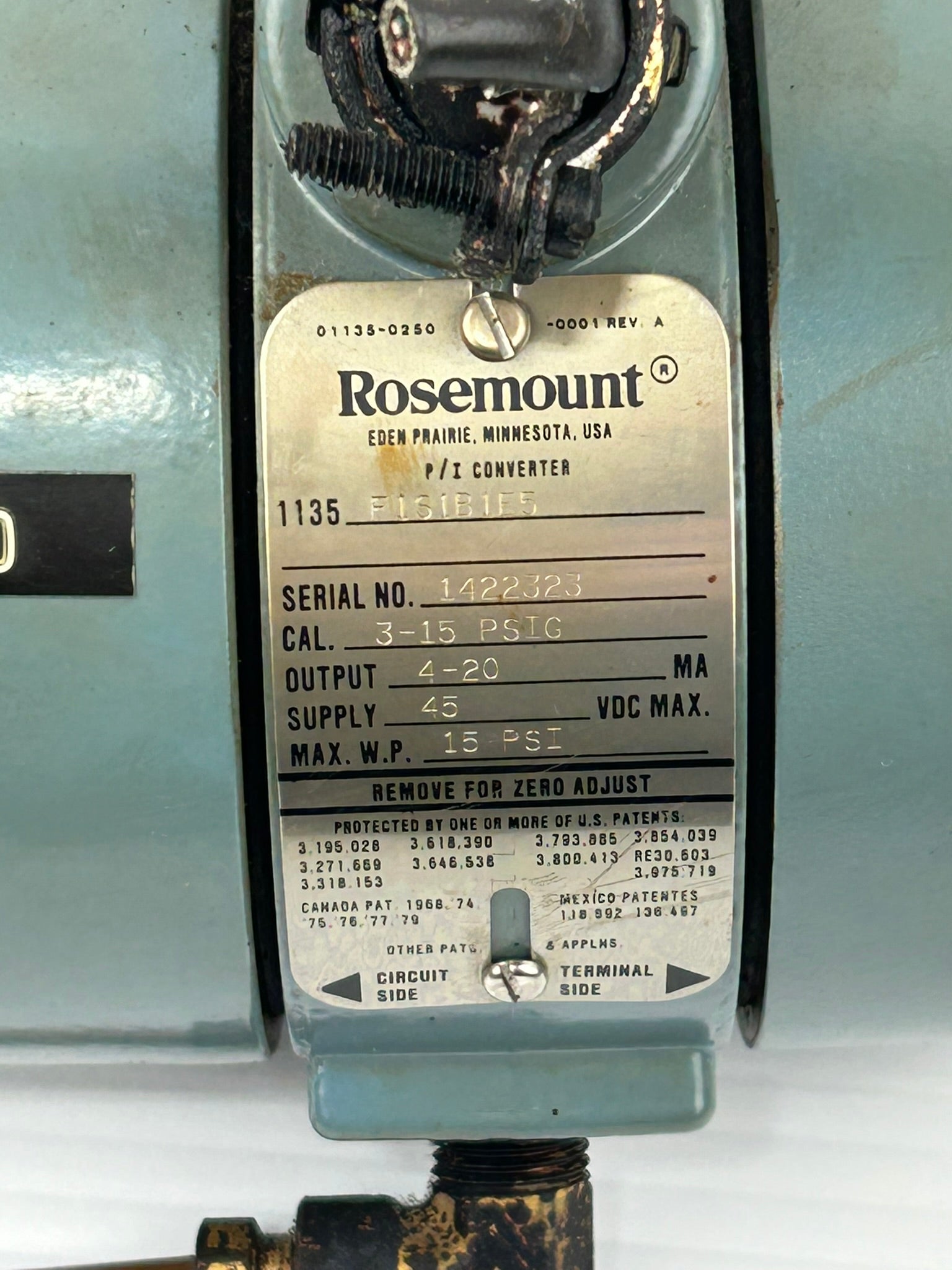 Rosemount 1135F1S1B1E5 Pressure Transmitter 3-15 PSIG 4-20mA 45VDC 15 PSI