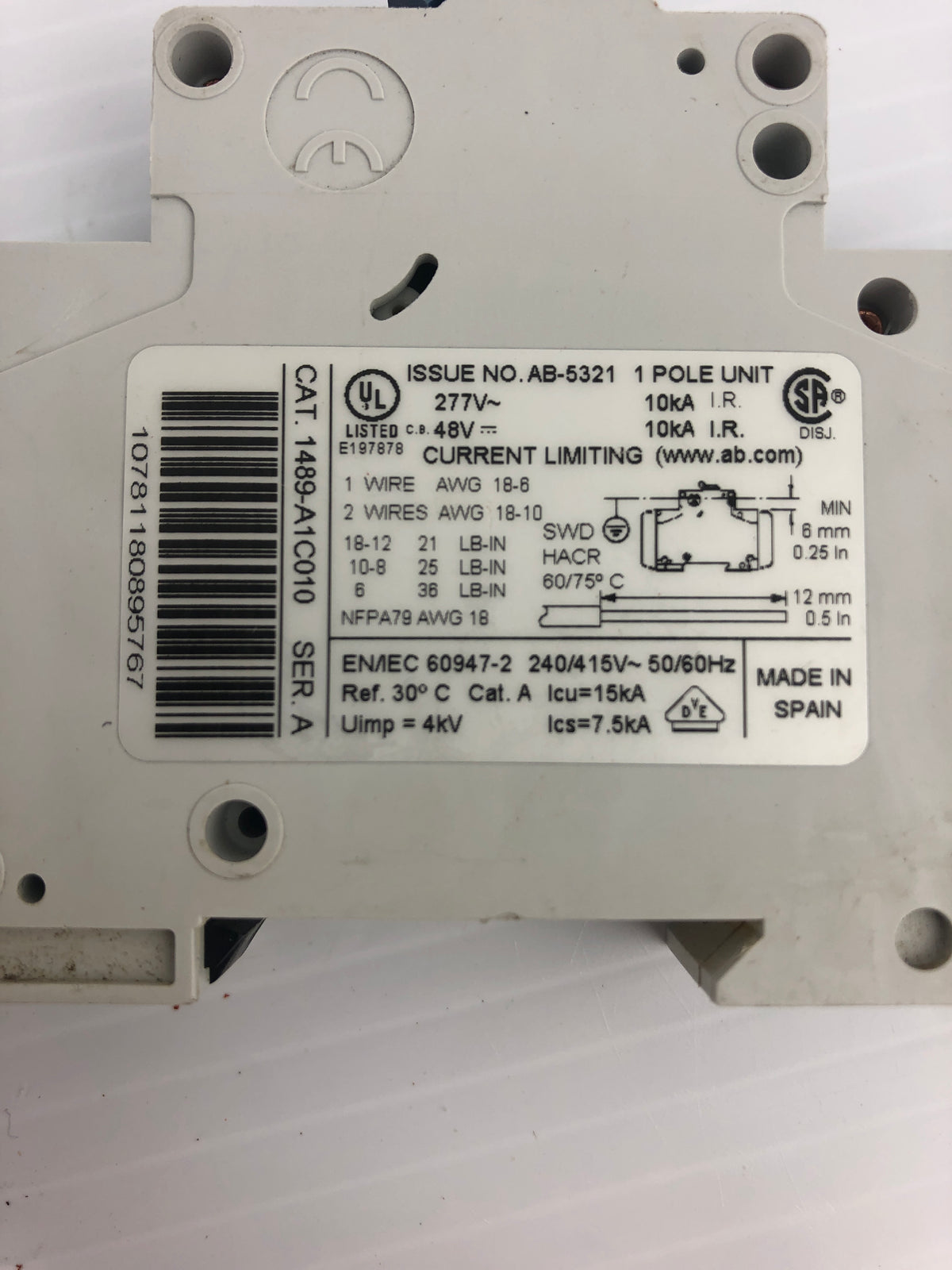 Allen-Bradley 1489-A1C010 Circuit Breaker Ser. A 277V 1A 1P 50/60Hz - Lot of 3