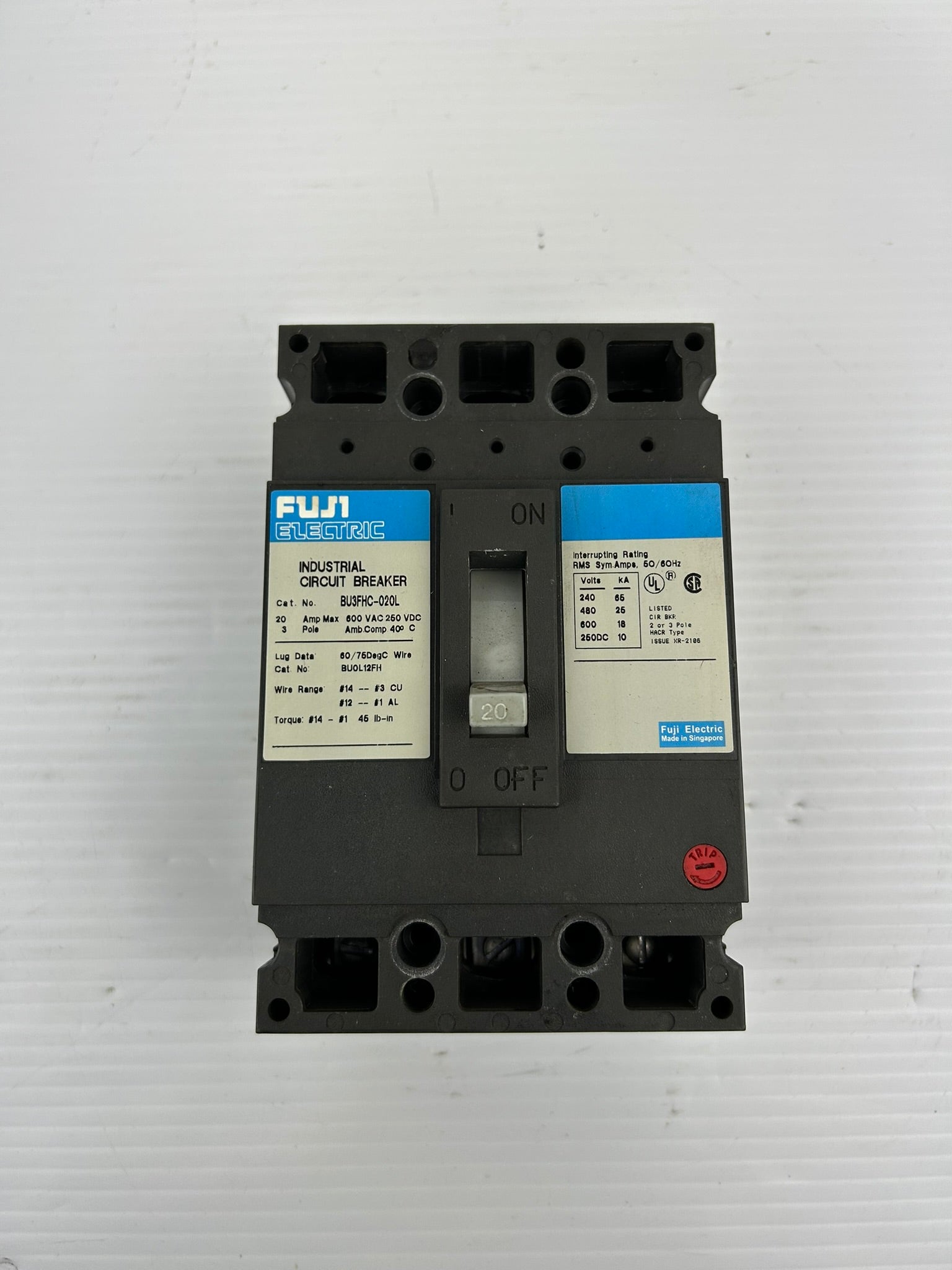 Fuji Electric BU3FHC-020L Industrial Circuit Breaker 20A 3 Pole 600VAC 250VDC