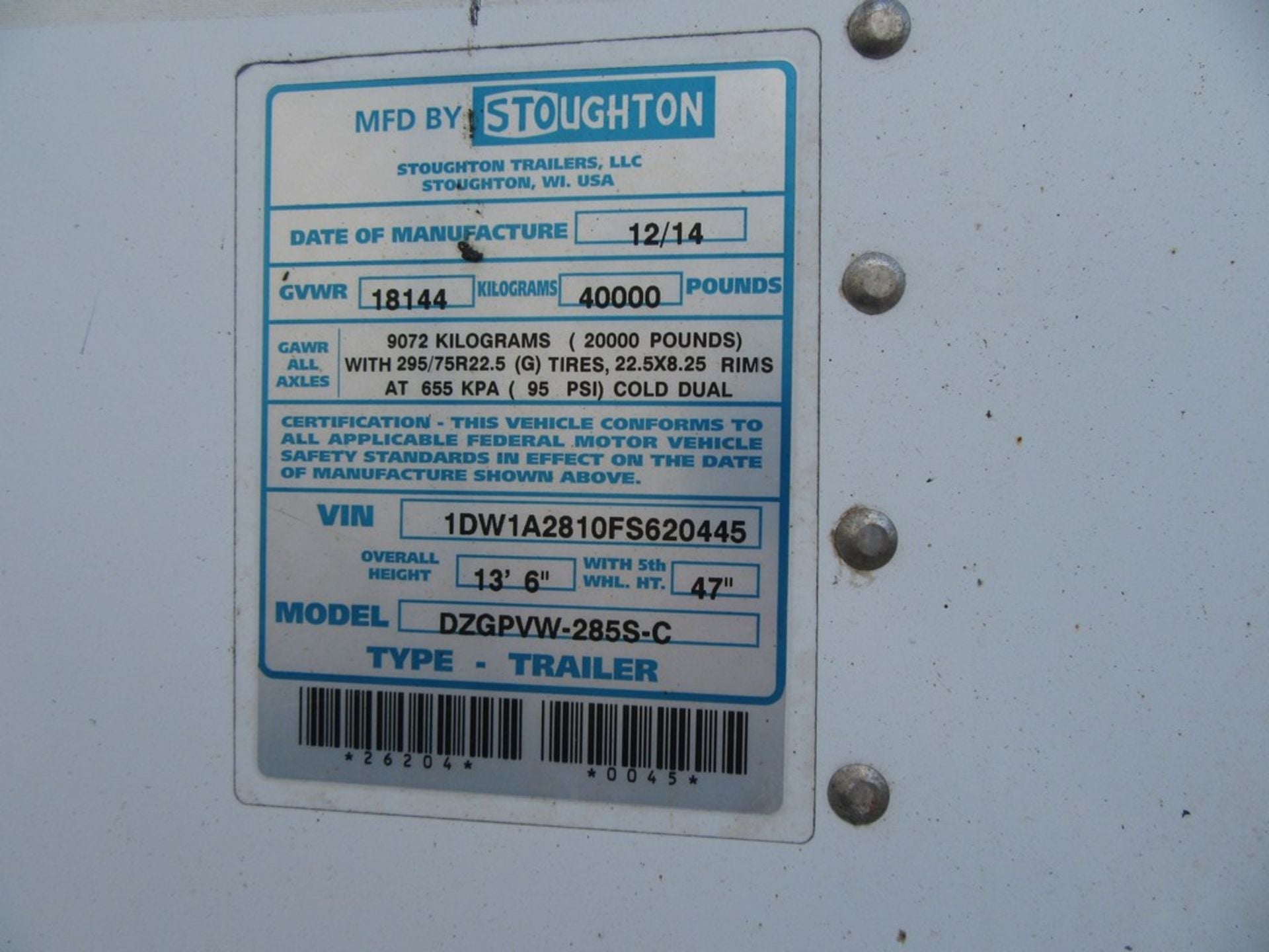 2015 Stoughton Pup Dry Van Semi Trailer 28' Spring / Roll Up 1DW1A2810FS620445