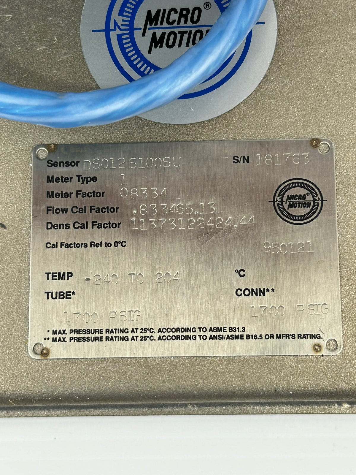 Micro Motion DS012S100SU Mass Flow Sensor Transmitter 08334
