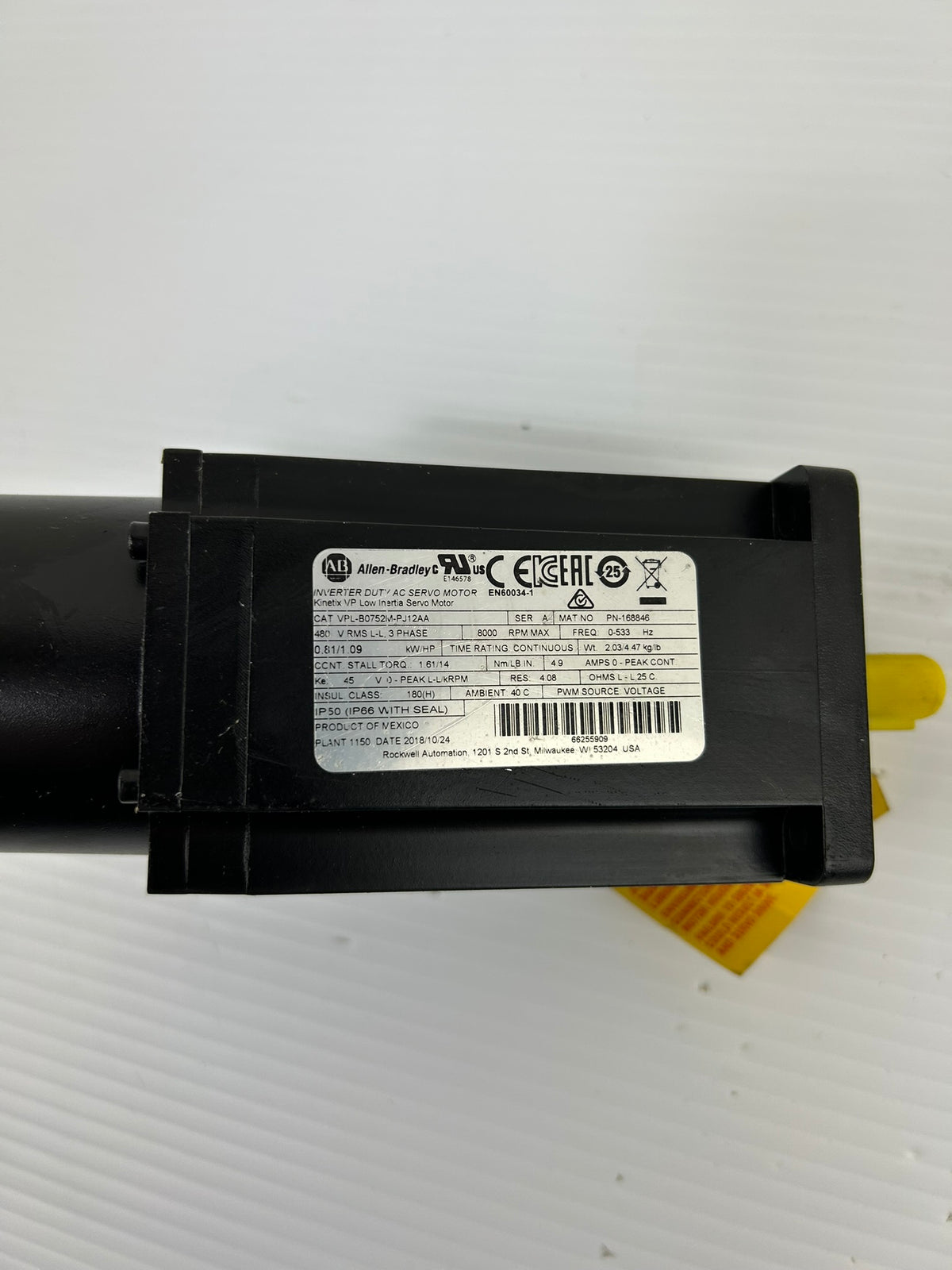 Allen-Bradley VPL-B0752M-PJ12AA Kinetix AC Servo Motor Ser. A 8000 RPM - No Box