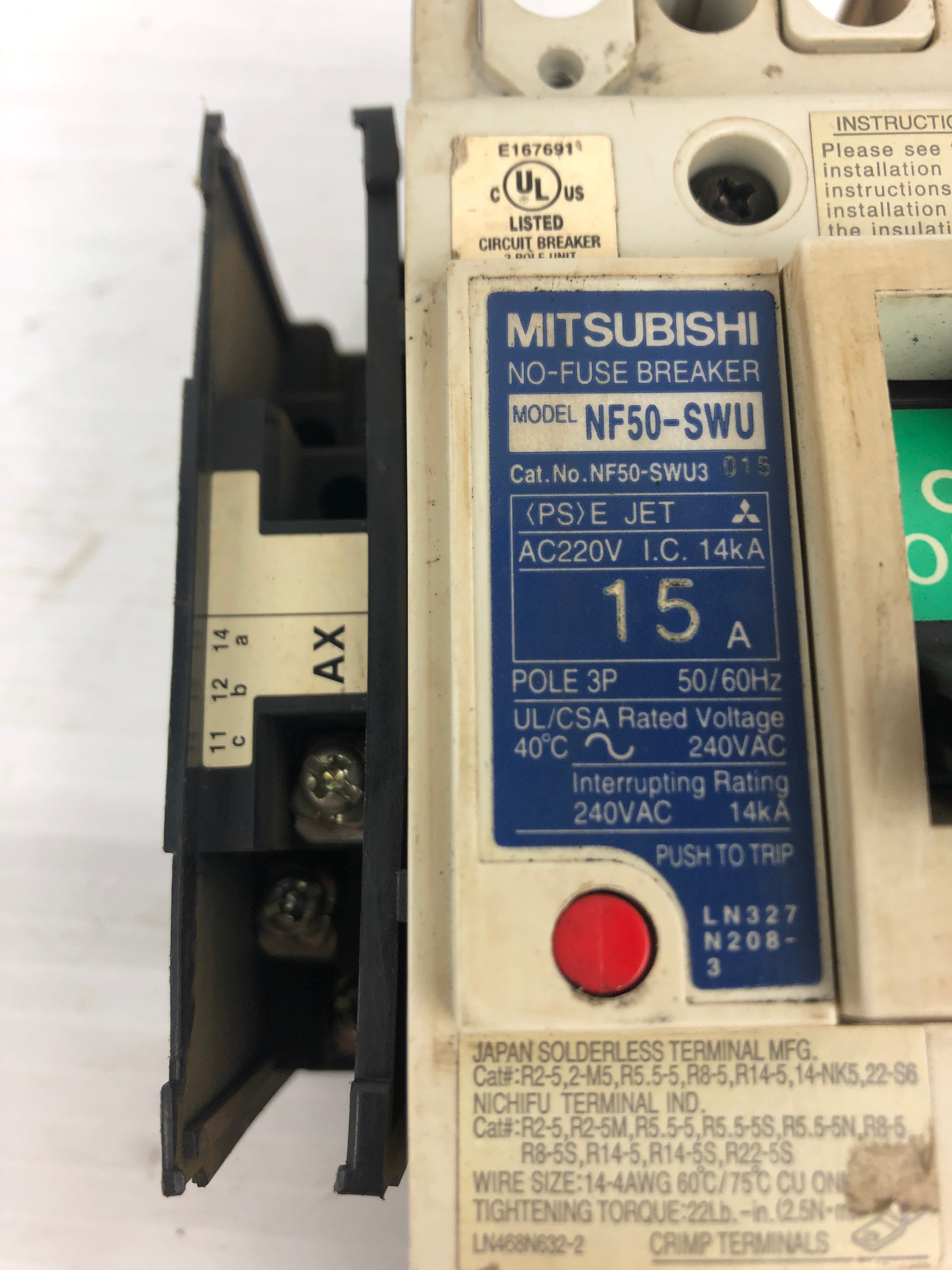 Mitsubishi NF50-SWU No-Fuse Breaker 15A 3P 50/60Hz