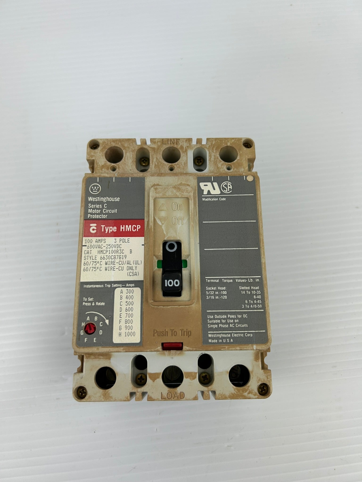 Westinghouse HMCP100R3CB Circuit Breaker Motor Protector 100A 3P 600VAC Series C