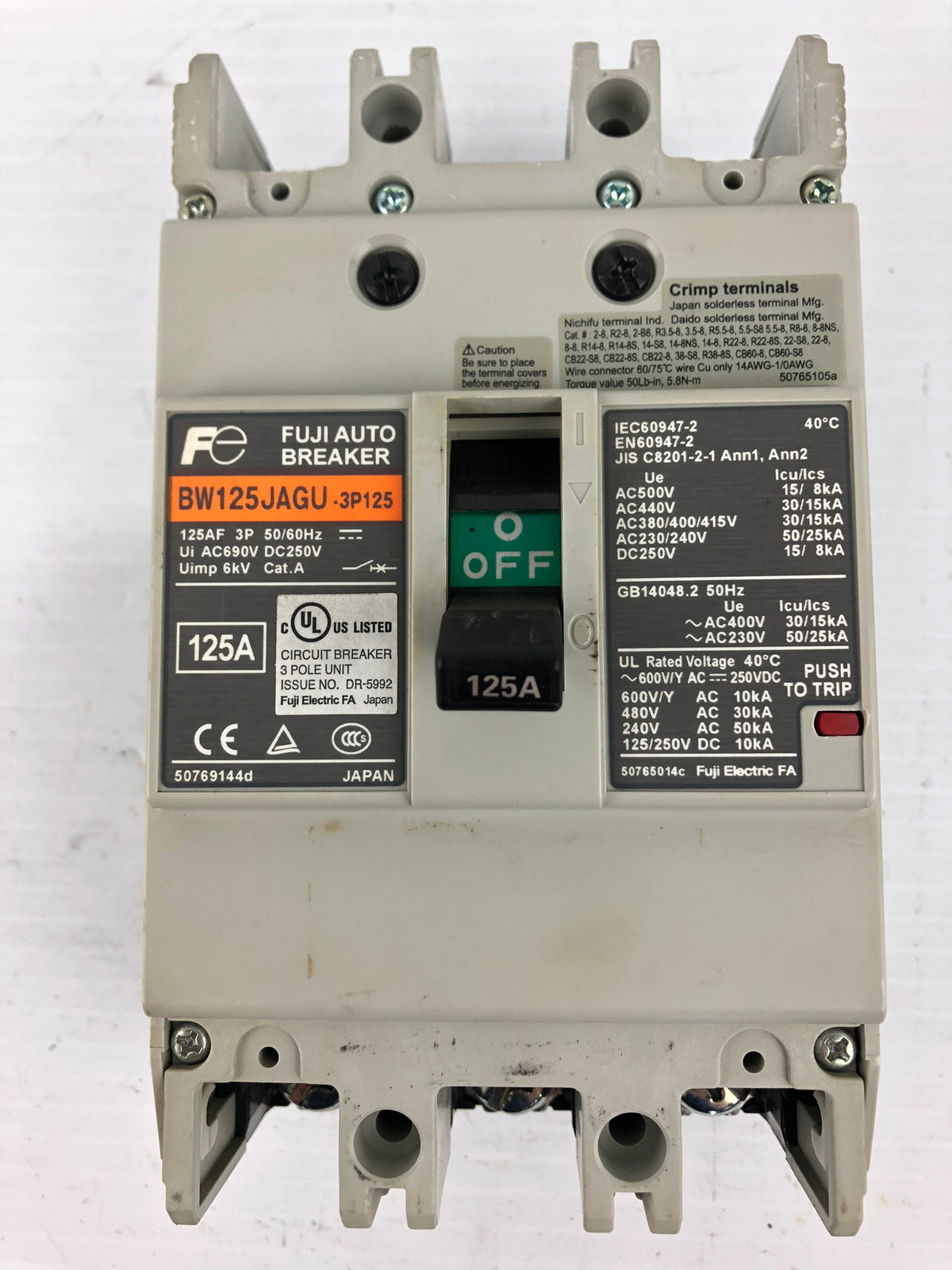 Fuji Electric BW125JAGU-3P125 Circuit Breaker 125A 3P 50/60Hz