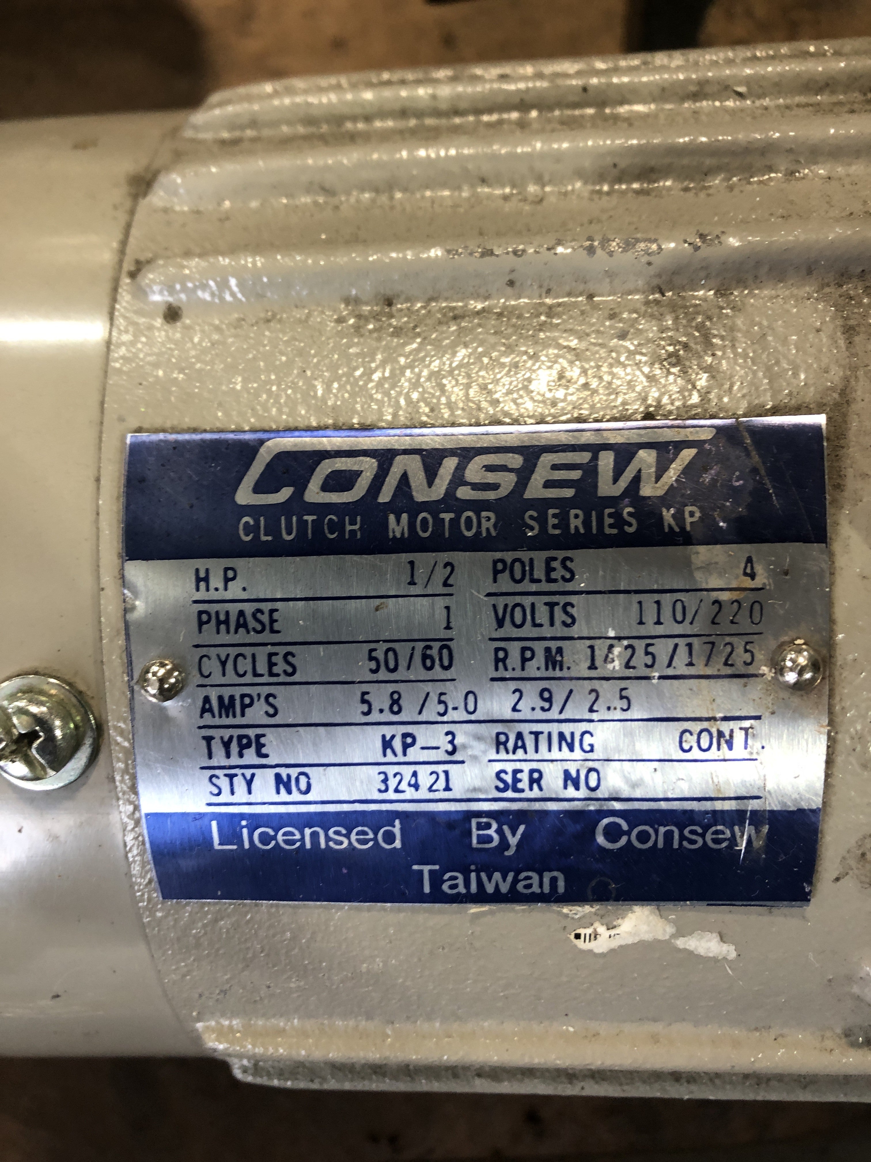 Consew 32421 Clutch Motor Series KP 1/2HP 1425/1725RPM 4 Pole 1PH KP-3
