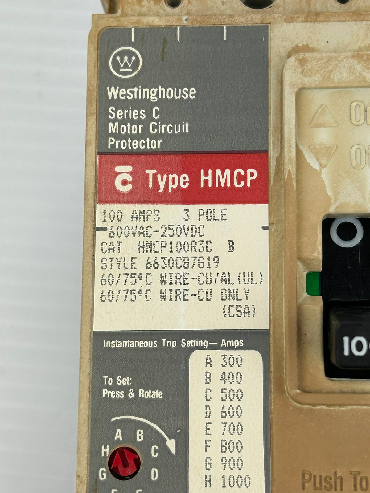 Westinghouse HMCP100R3CB Circuit Breaker Motor Protector 100A 3P 600VAC Series C