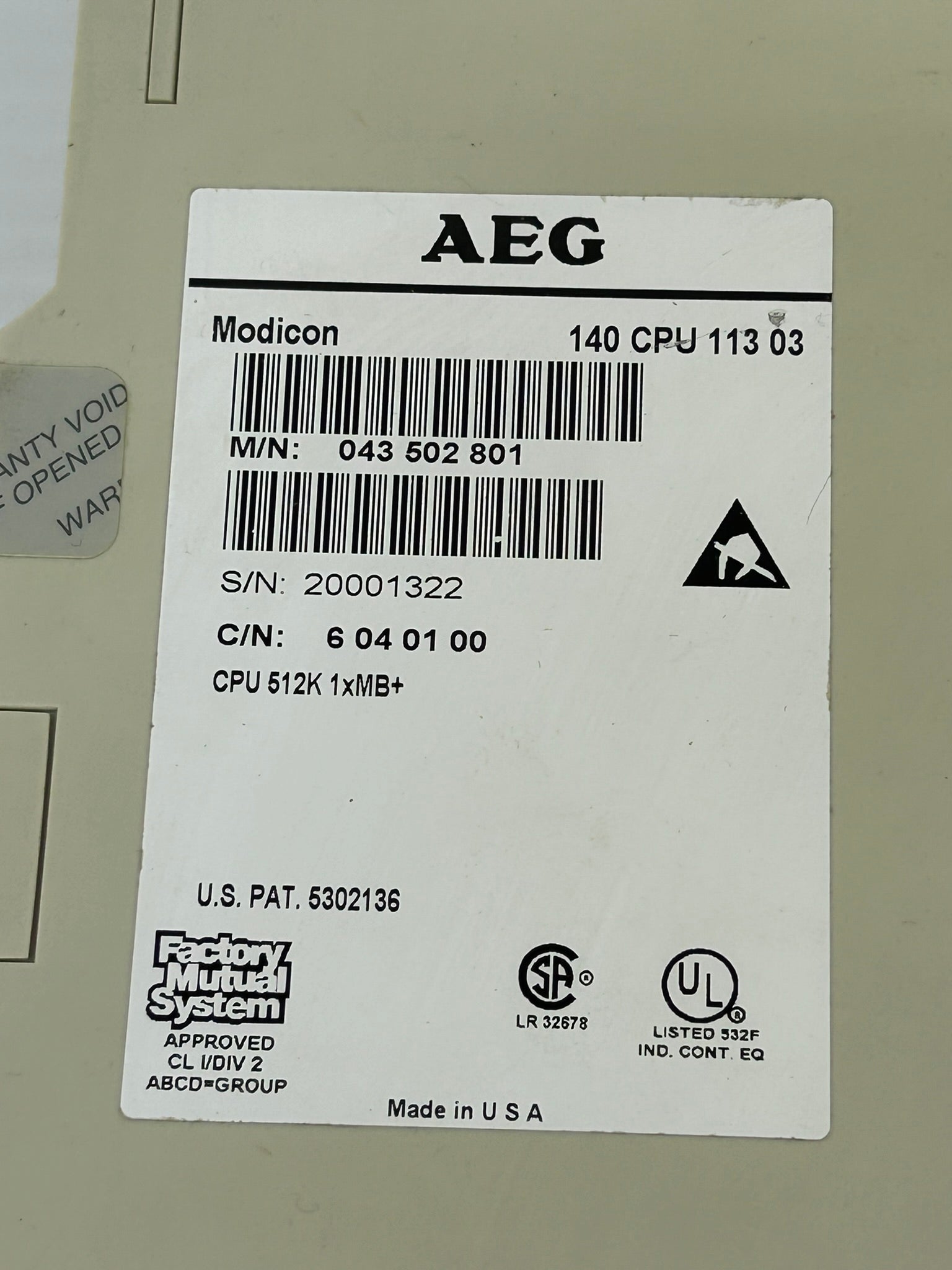 AEG Modicon 140CPU11303 CPU Controller PLC Module 043-502-801