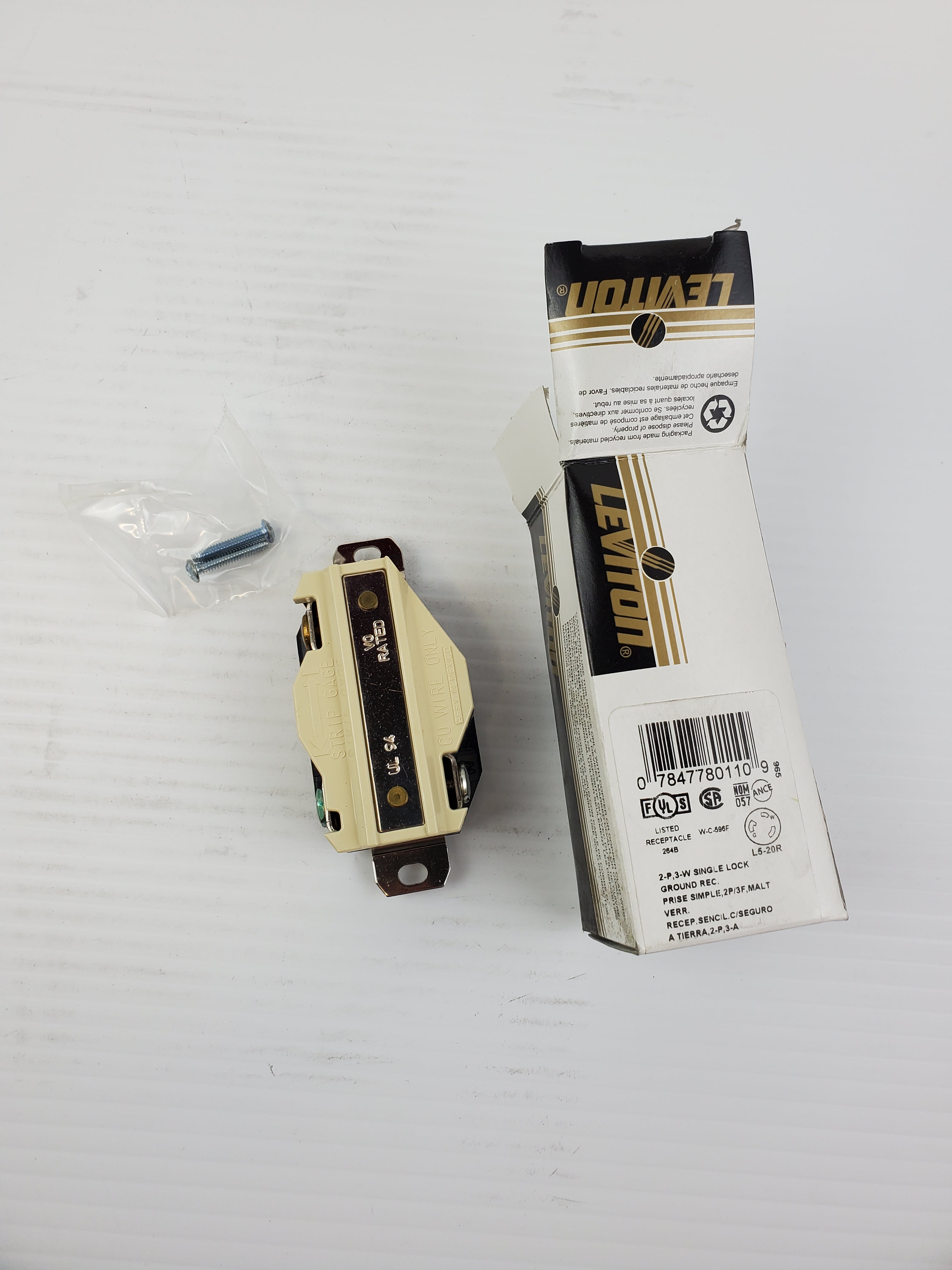 Leviton 2310 Black 2P 3W Single Lock Ground Receptacle