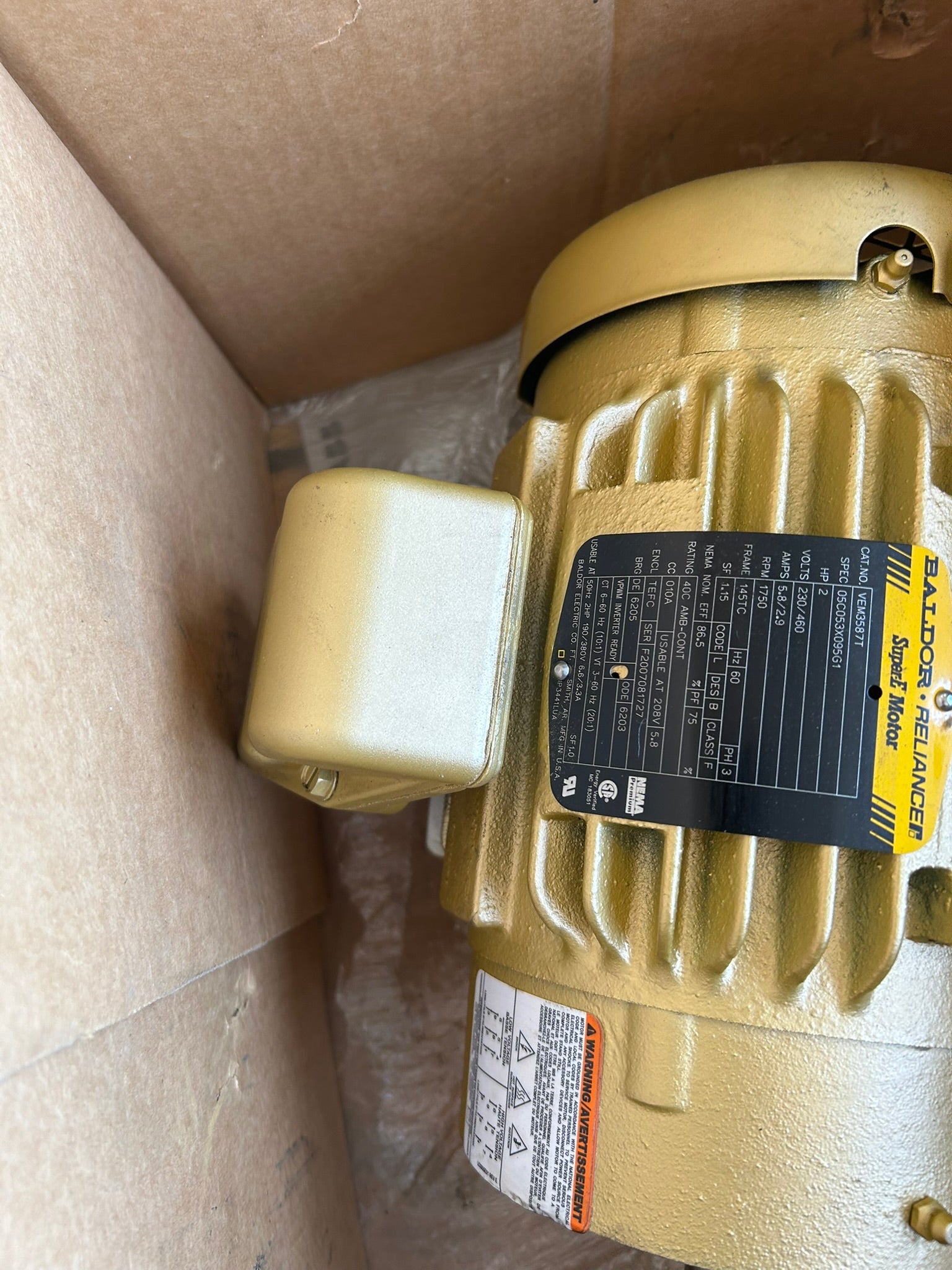 Baldor Reliance VEM3587T AC Motor 2HP 230/460V 3PH 145TC TEFC 1750 RPM