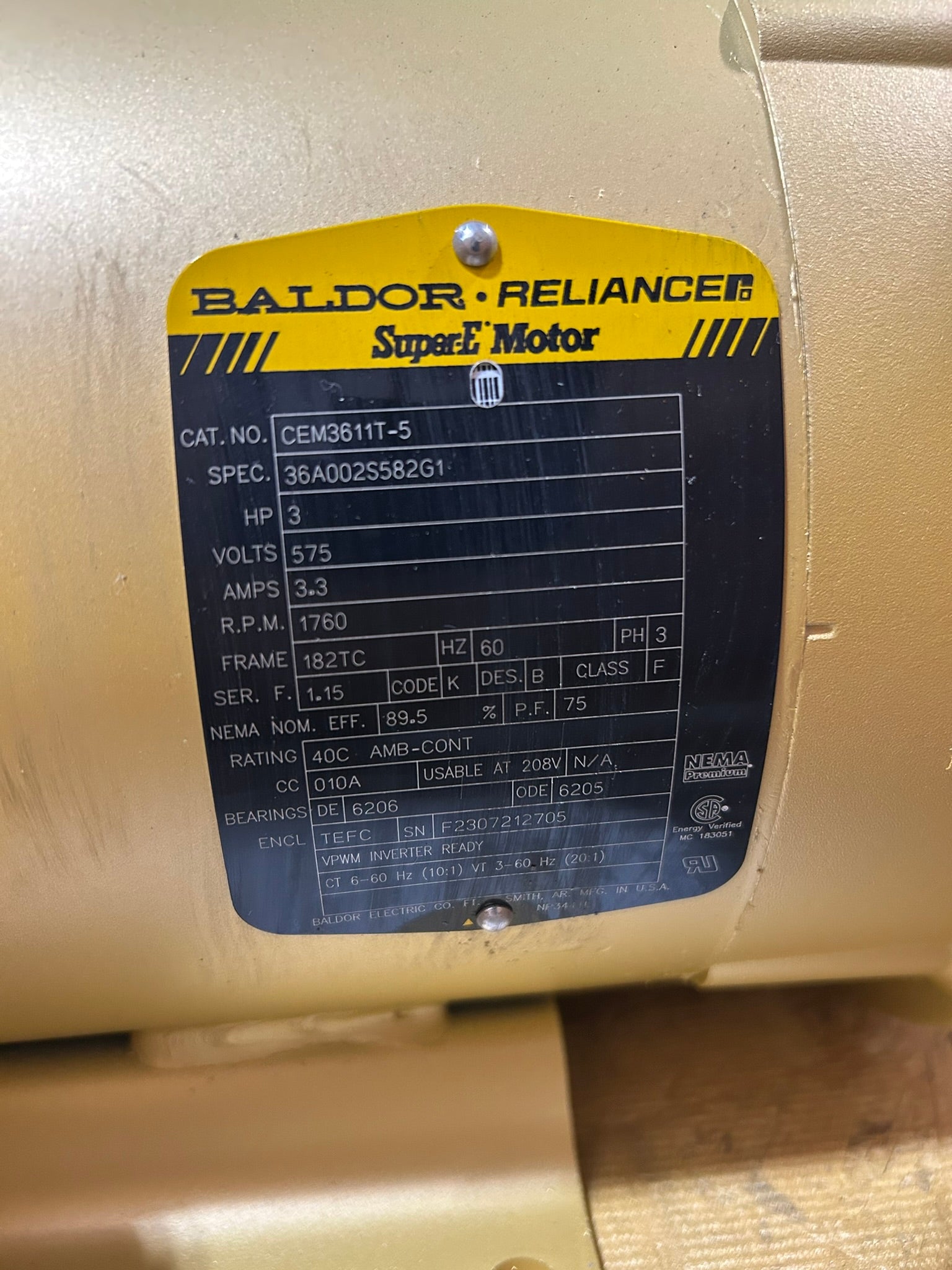 Baldor Reliance CEM3611T-5 Super-E Motor 3HP 575V 1760RPM 3PH 182TC TEFC NEMA