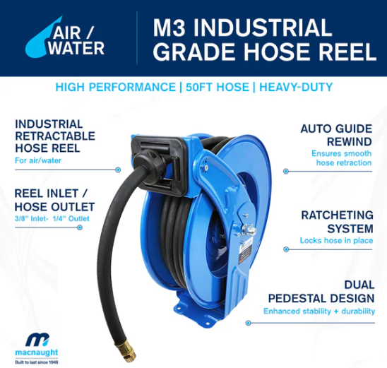 Industrial Hose Reel Air Water 3/8" x 50' Hose 300 PSI Macnaught M3D-AW-37550 ***