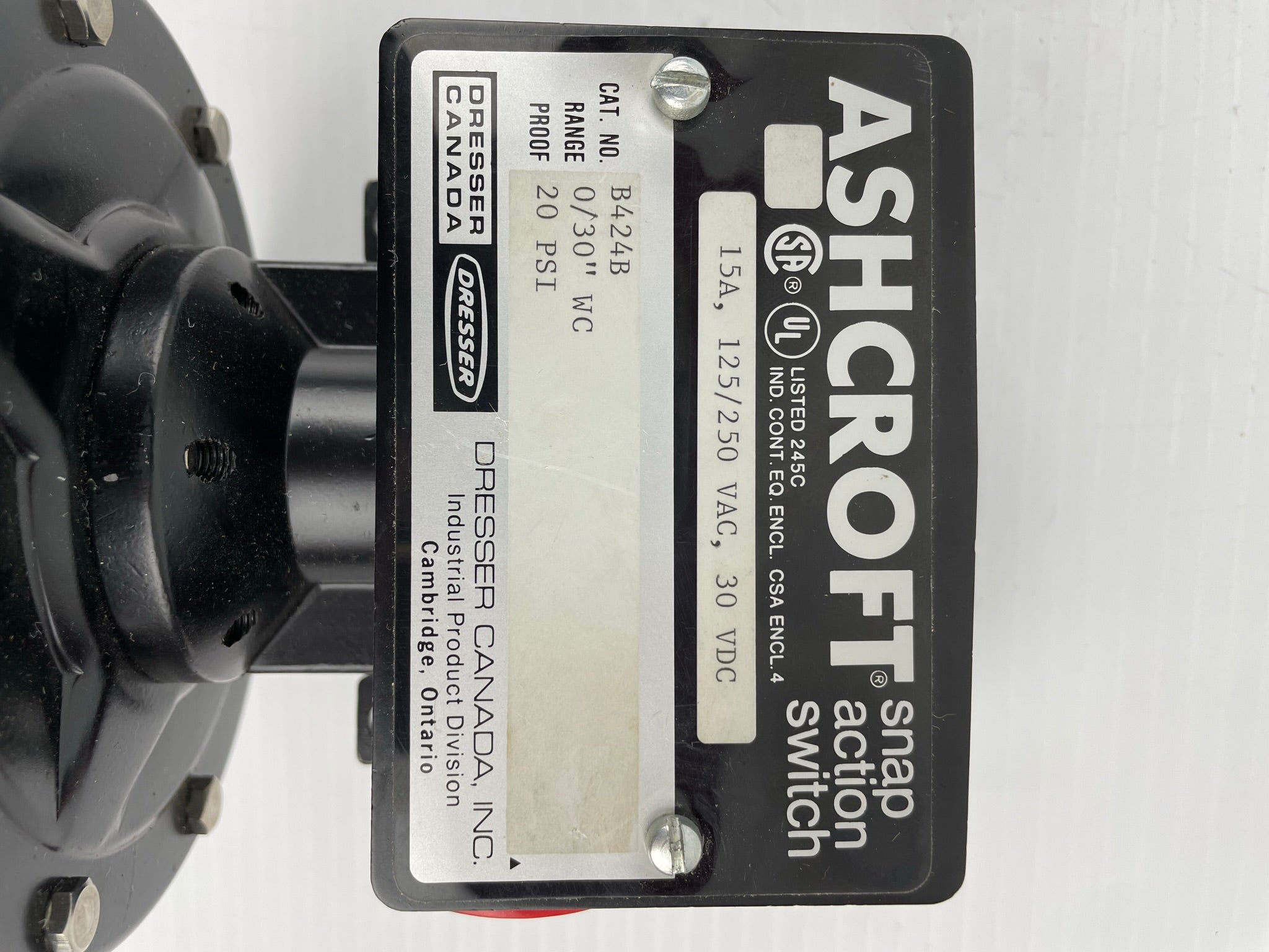 Ashcroft Snap Action Switch B424B 15A 125/250VAC 30VDC (Set at 6" WC) Dresser