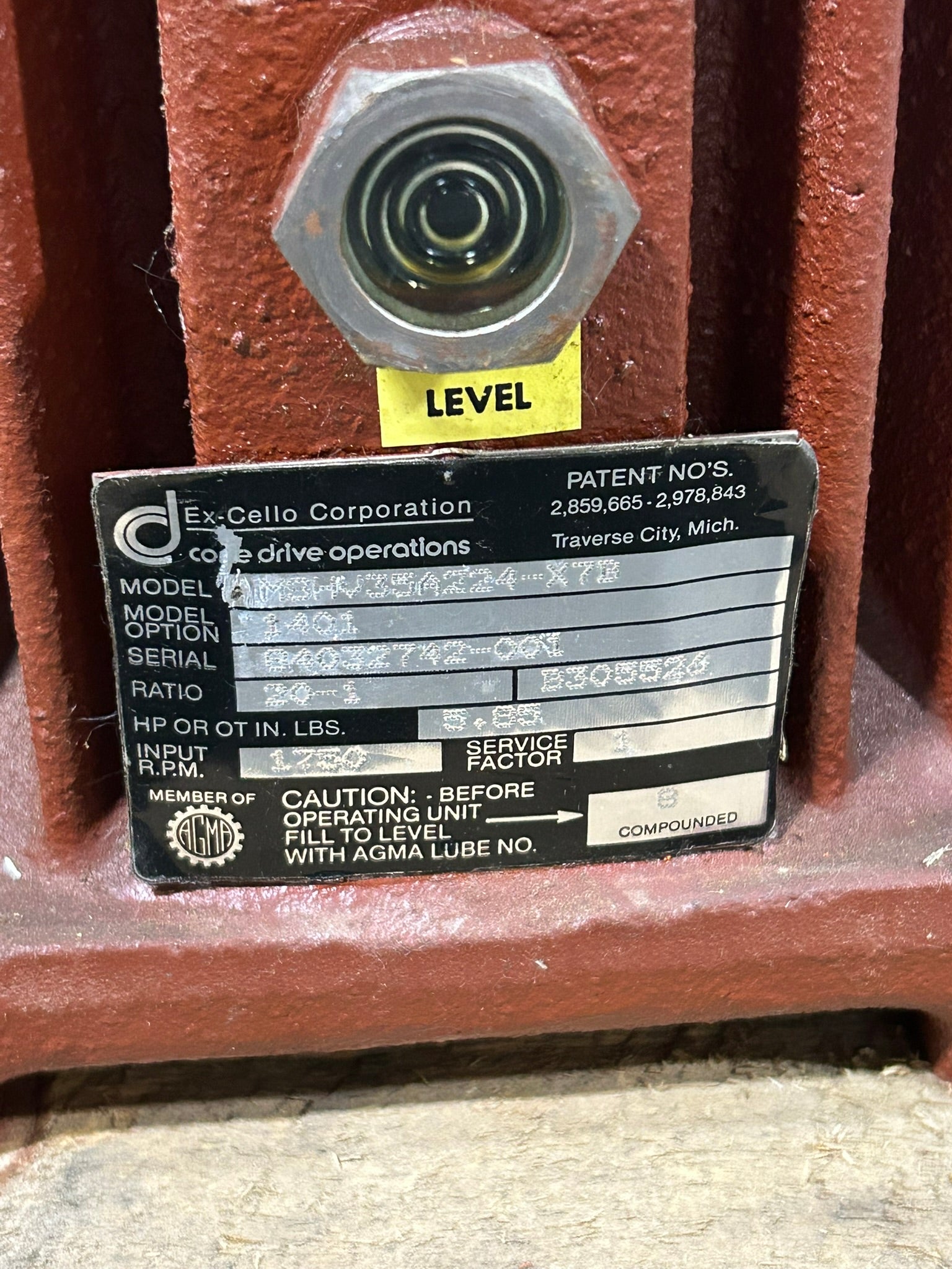 Ex-Cello Corp MBHV35A224-X7B Cone Drive Right Angle Gearbox 20-1 Ratio 1750 RPM