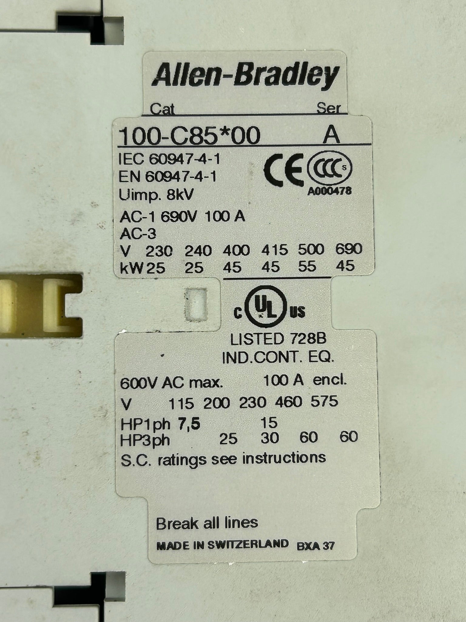 Allen Bradley 100-C85*00 Power Contactor Series A & 100-S Aux Contact Series B