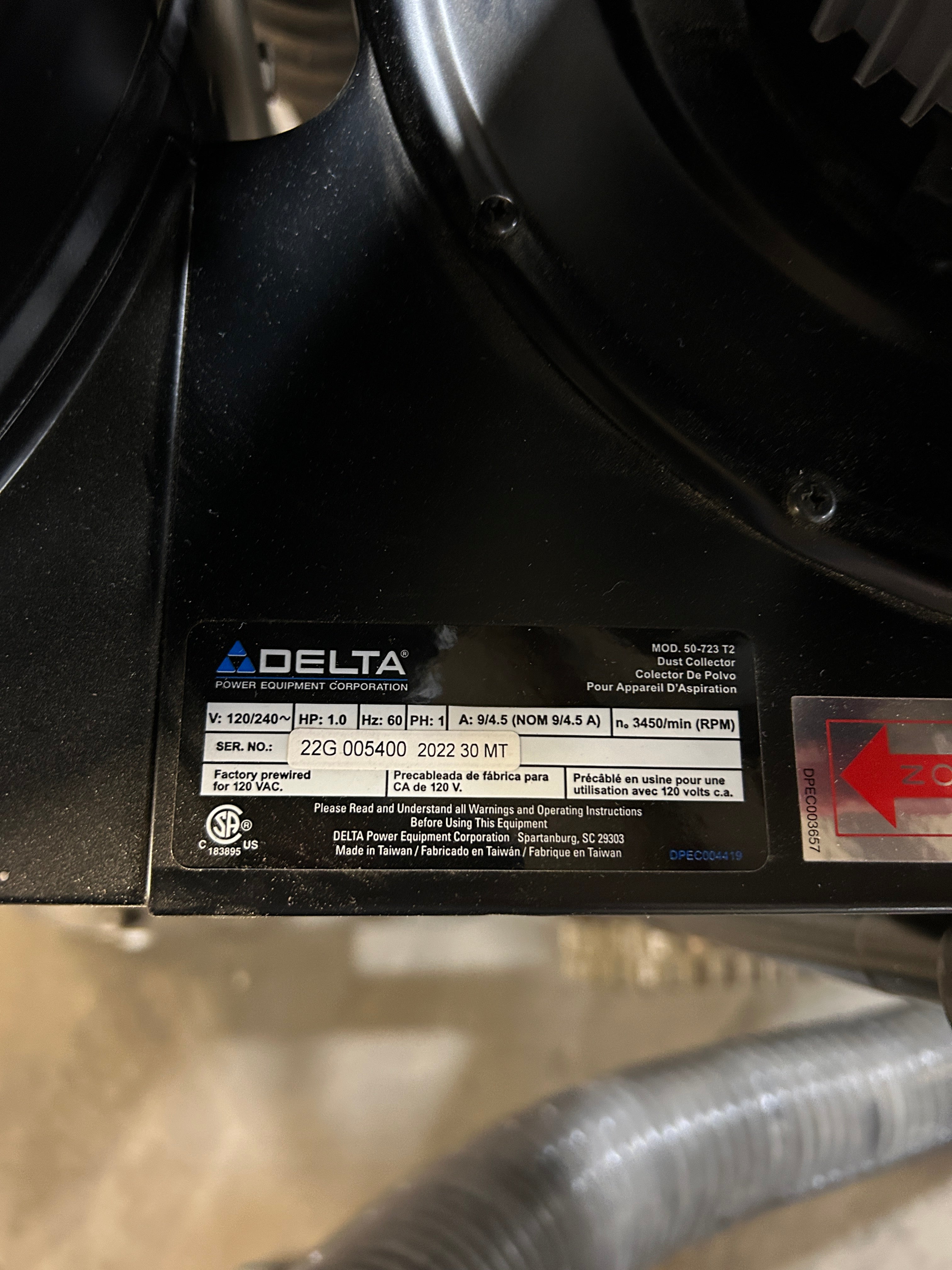 Delta 50-723 T2 Dust Collector Woodworking Collection System 1PH 1HP 50-723T2