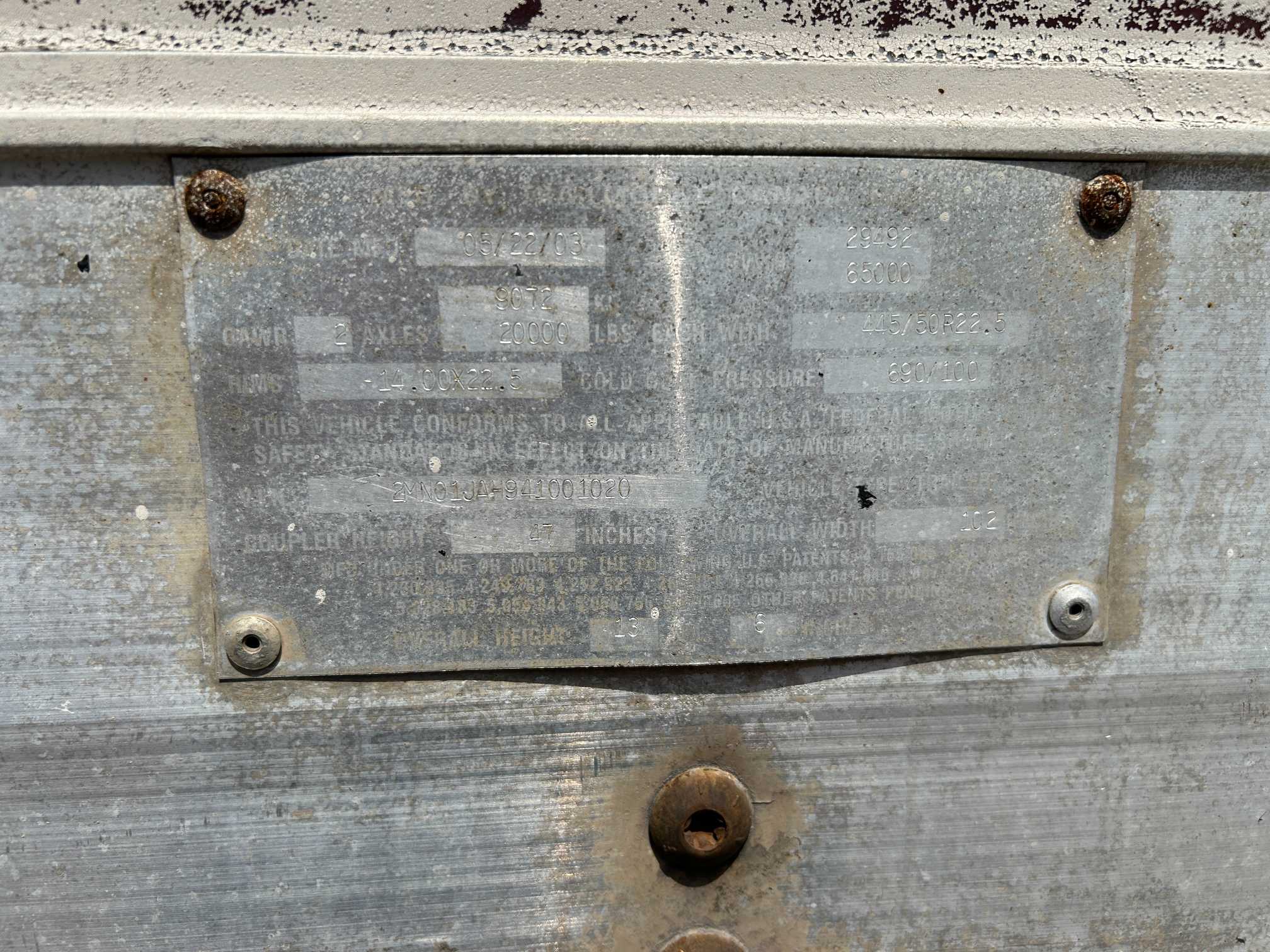 2004 Trailmobile 53' Dry Van Semi Trailer Air Ride Swing Doors 2MN01JAH941001020