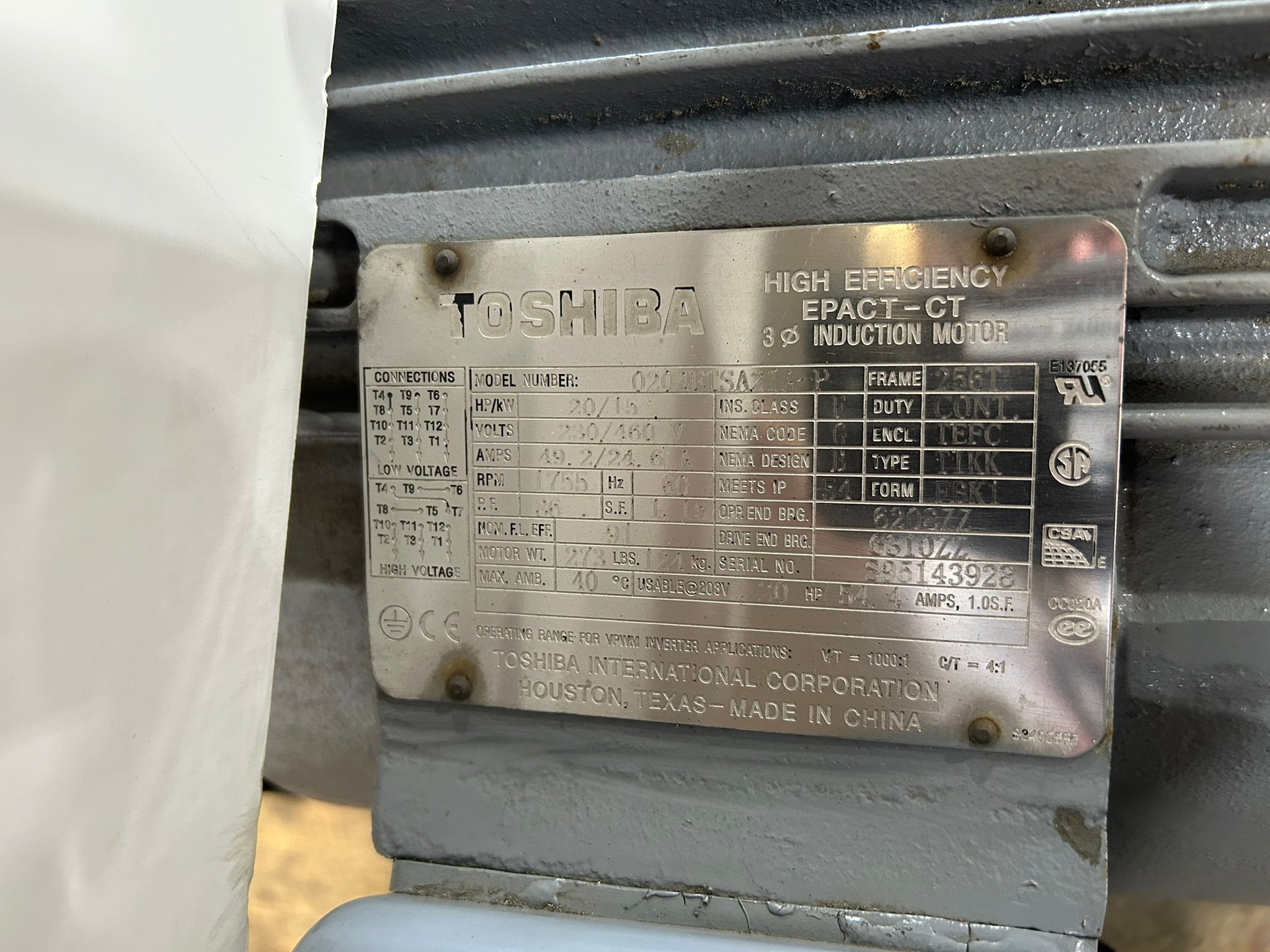 Toshiba 0204FTSA21A-P High Efficiency 3PH Induction Motor 20HP 1755RPM 256T