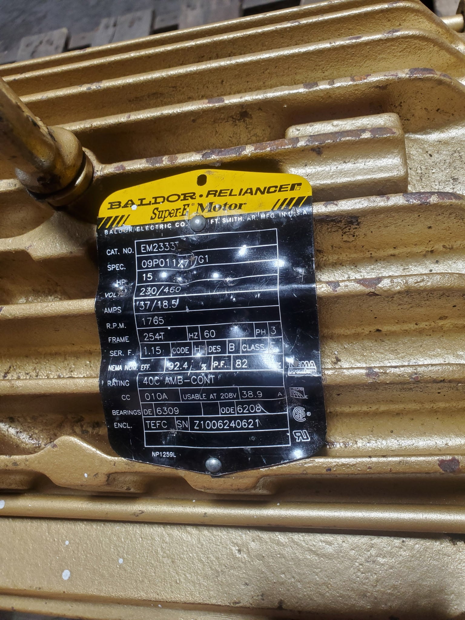 Baldor Reliance EM2333T 15HP Electric Motor 1765 RPM 230/460V 3PH TEFC 254T