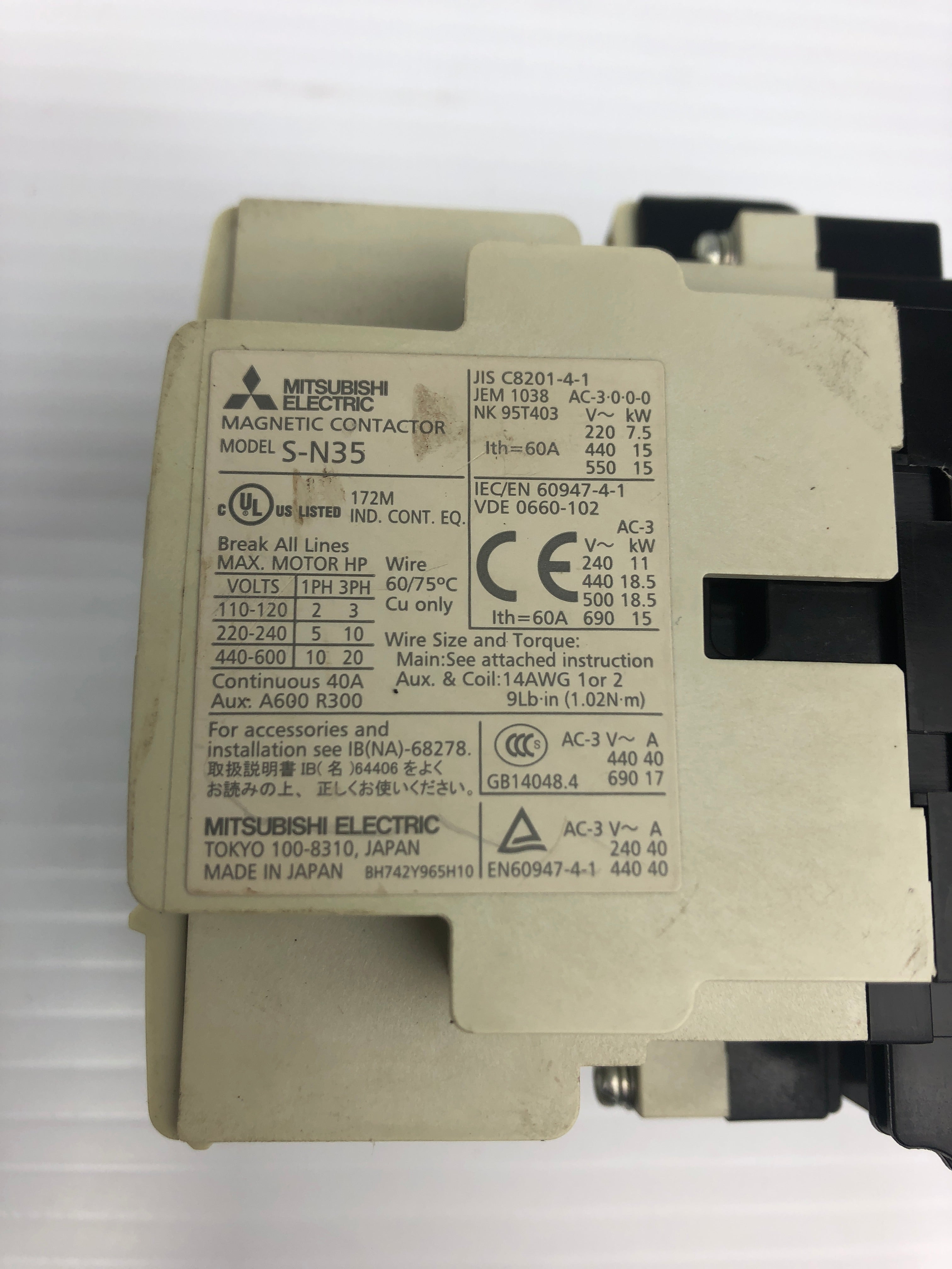 Mitsubishi S-N35 Magnetic Contactor 110-600V 60A