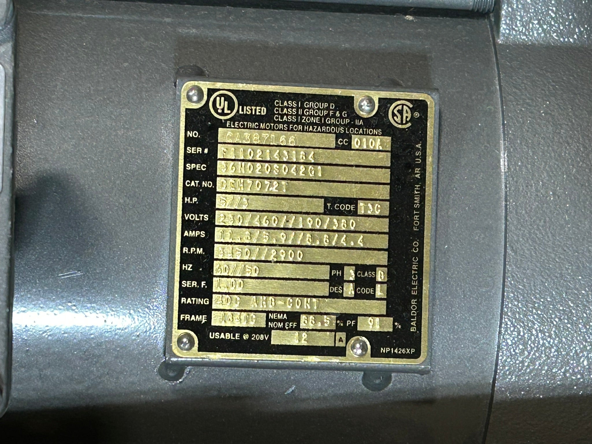 Baldor Electric CEM7072T AC Motor 5/3 HP 3150/2900 RPM 3 Phase 60Hz CA387166