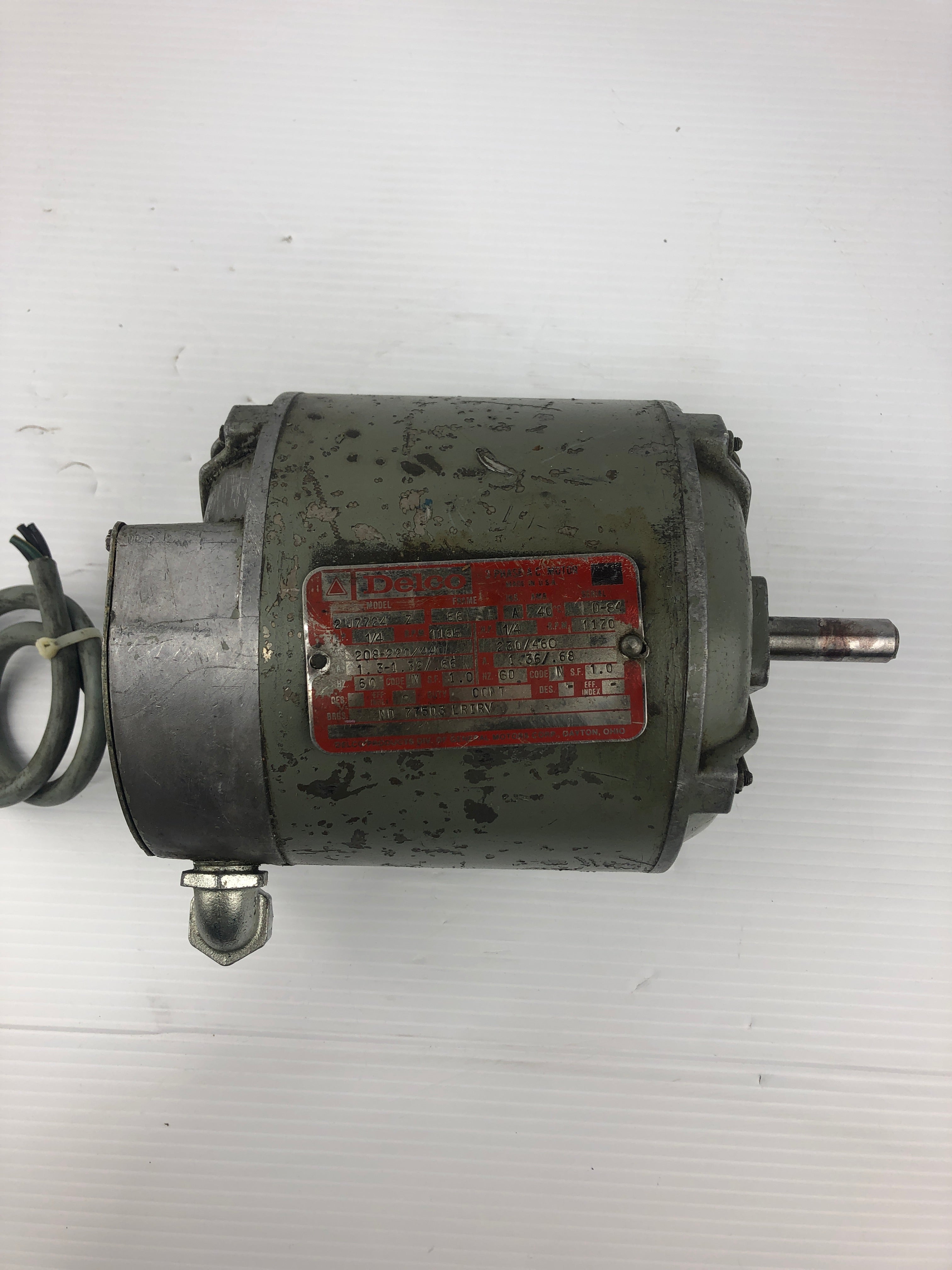 Delco 2J7724Z AC Motor 1/4HP 1165-1170 RPM 3PH 56 Frame