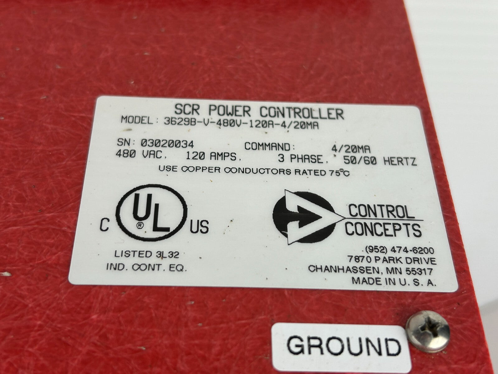 Control Concepts 3629B-V-480V-120A-4/20mA SCR Power Controller 480VAC 120A 3PH