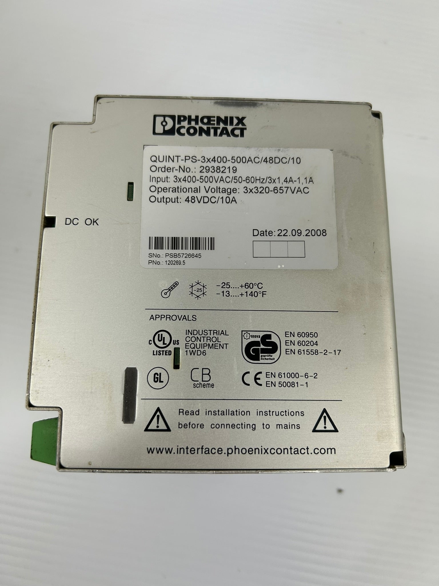 Phoenix Contact 2938219 Power Supply QUINT-PS-3x400-500AC/48DC/10