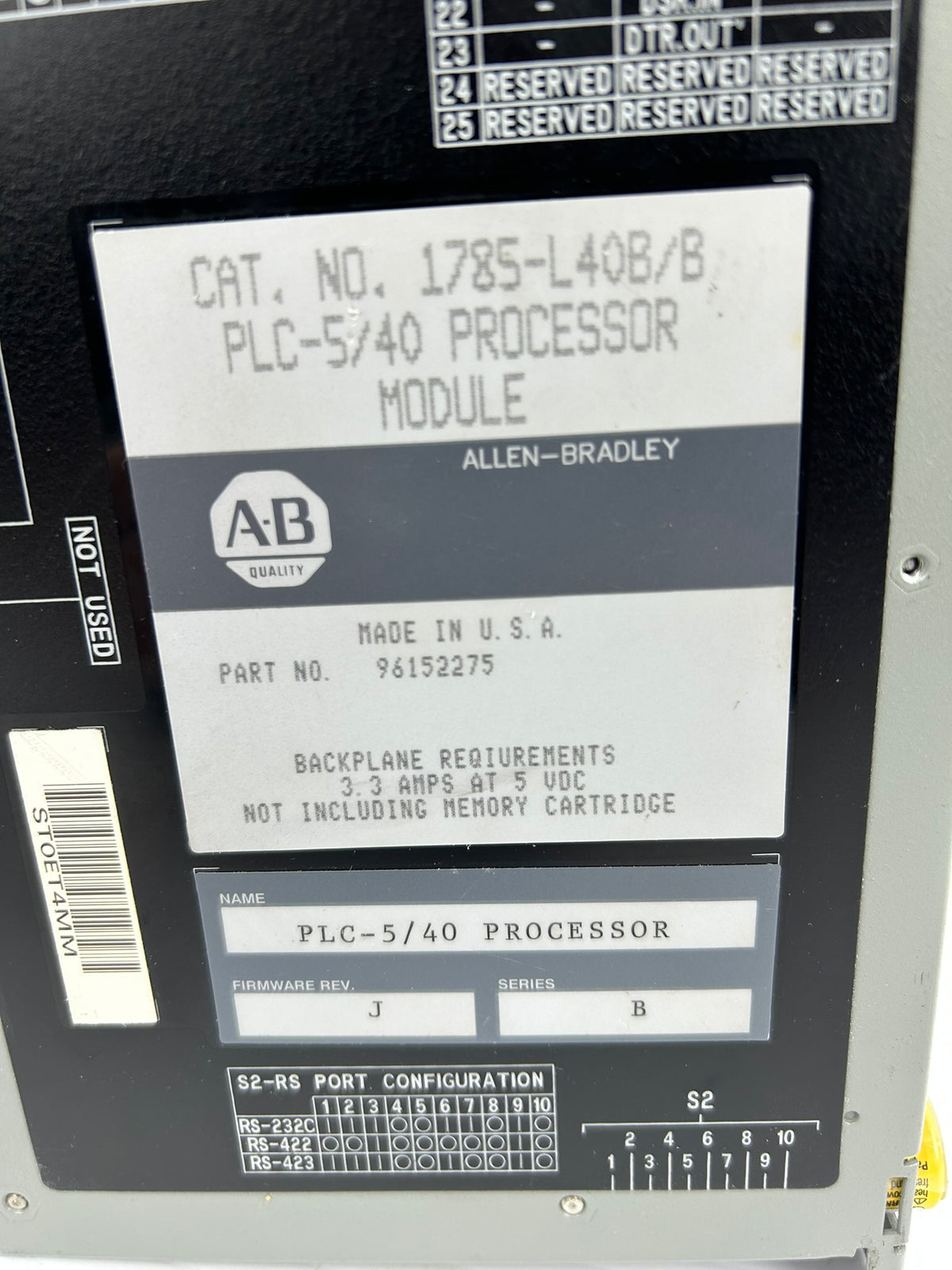 Allen-Bradley 1785-L40B Processor Module Series B PLC-5/40 Rev J with Keys