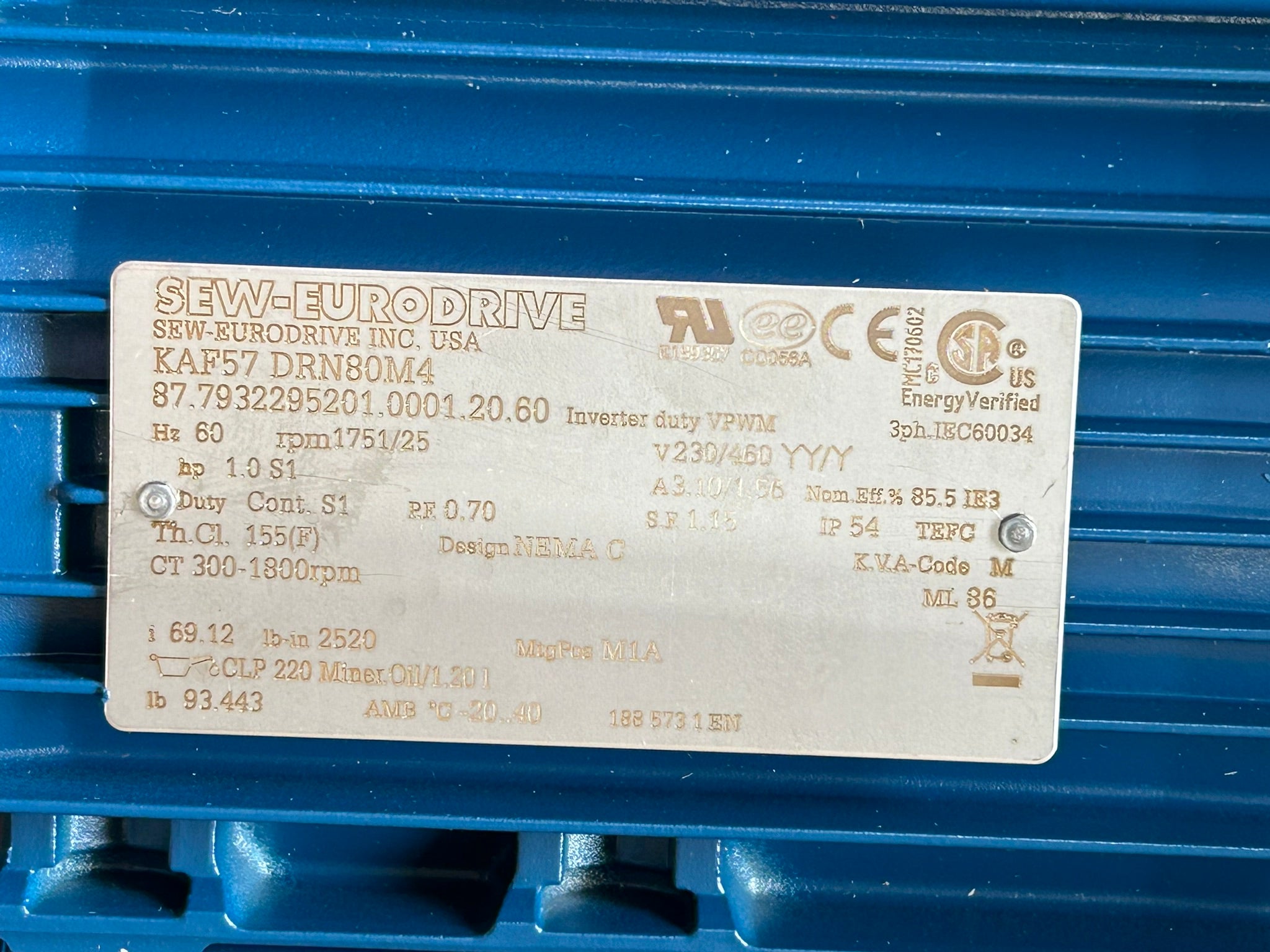 SEW Eurodrive KAF57 DRN80M4 Servo Motor 1751/25 RPM 1HP 3PH 230/460V