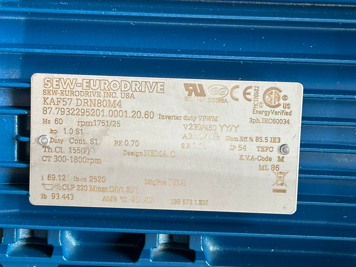 SEW Eurodrive KAF57 DRN80M4 Servo Motor 1751/25 RPM 1HP 3PH 230/460V