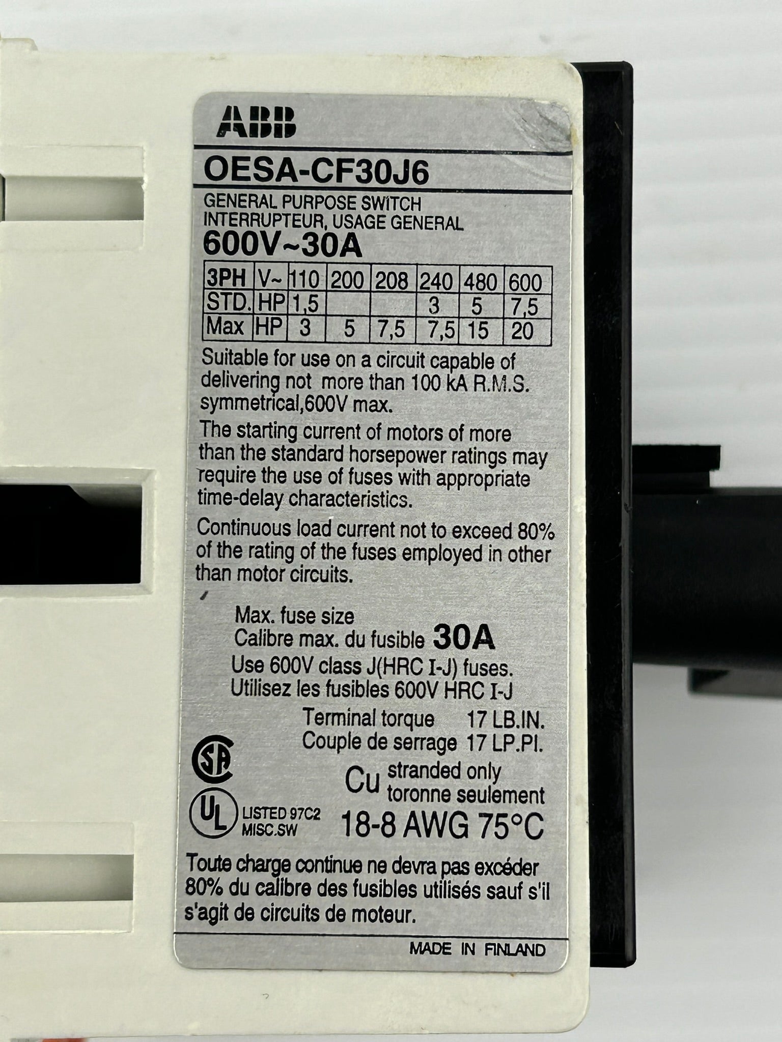 ABB OESA-CF30J6 Fusible General Purpose Switch 30A 600V