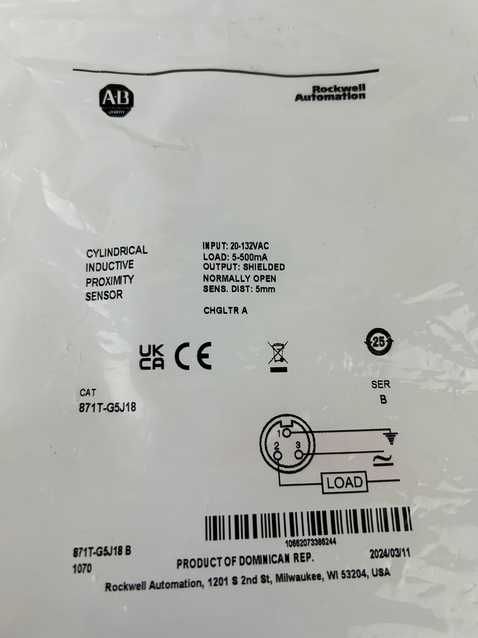 Allen Bradley 871T-G5J18 Cylindrical Inductive Proximity Sensor Series B