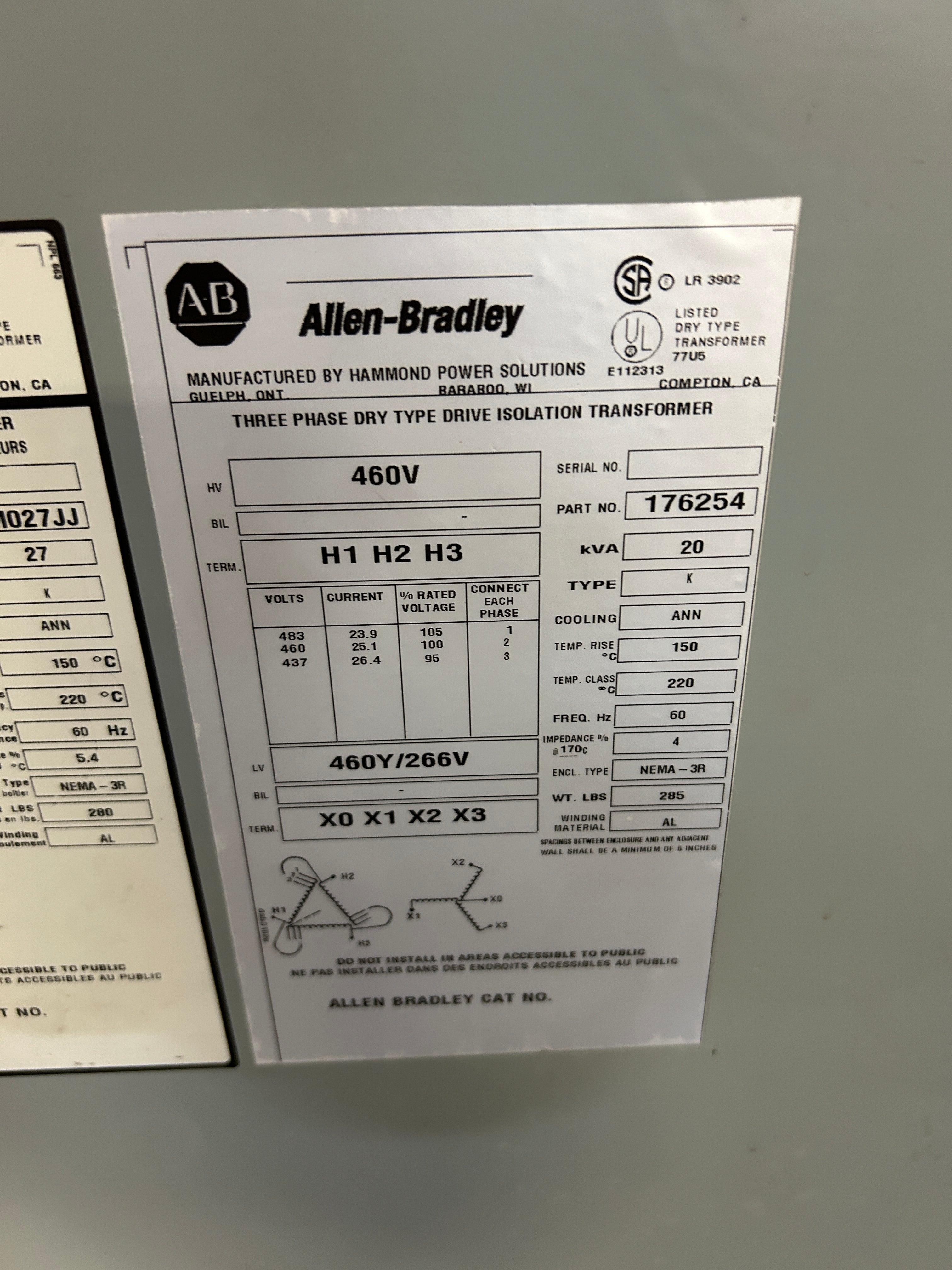 Allen-Bradley DM027JJ Transformer 27kVA 176254 3PH Dry Type 460V Type K AL