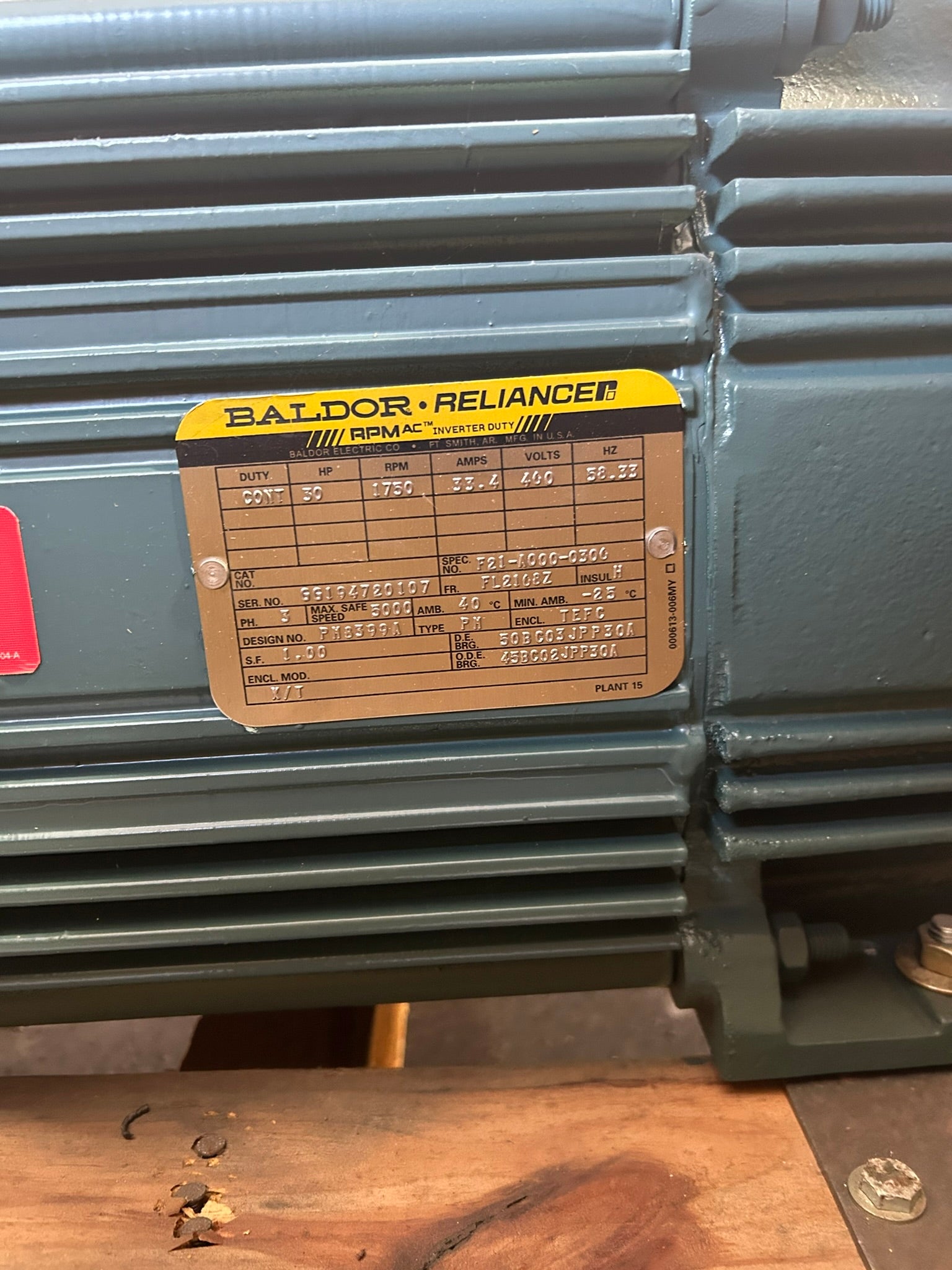 Baldor Reliance F21-A000-0306 AC Inverter Duty Motor 30HP 460V 3PH 1750RPM