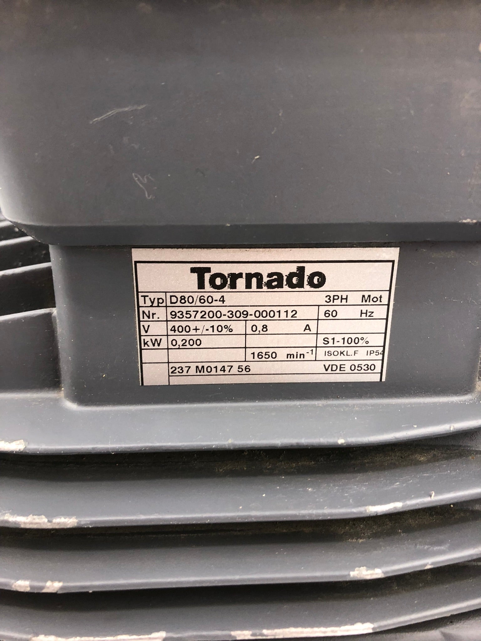 Tornado D80/60-4 Motor 9357200-309-000112 3 PH 60Hz 1650 RPM