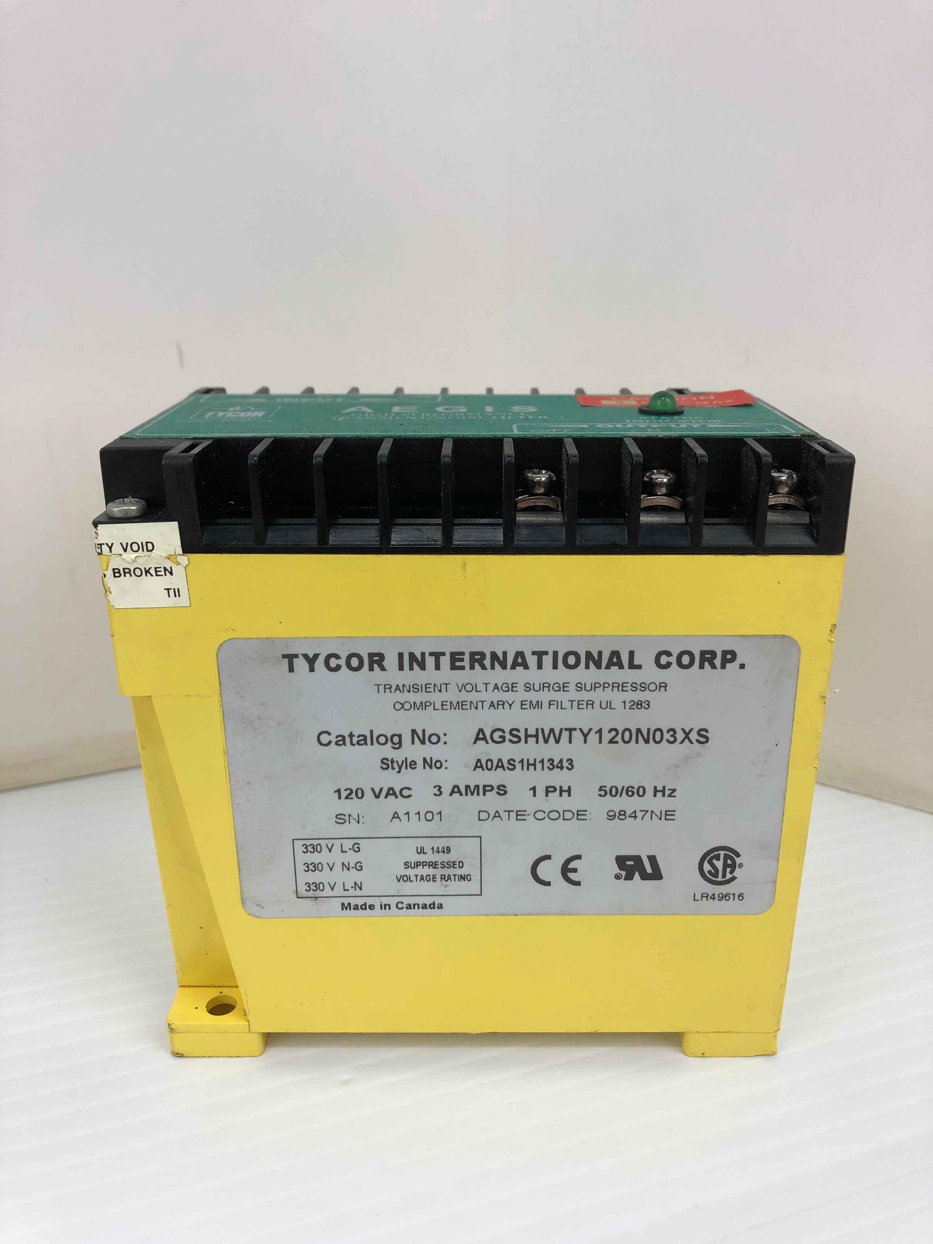 Tycor AGSHWTY120N03XS Aegis Transient Voltage Surge Suppressor 120V 3A 1PH