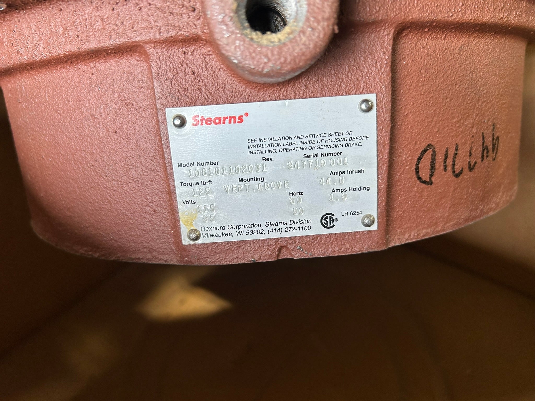 Stearns 108101102031 Self Adjust Brake 95/115 Volts 50/60 Hz 125 Lb.-Ft. Rexnord