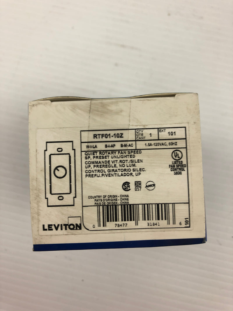 Leviton RTF01-10Z Quiet Rotary Fan Speed SP Preset Unlighted 1.5A 120VAC 60HZ